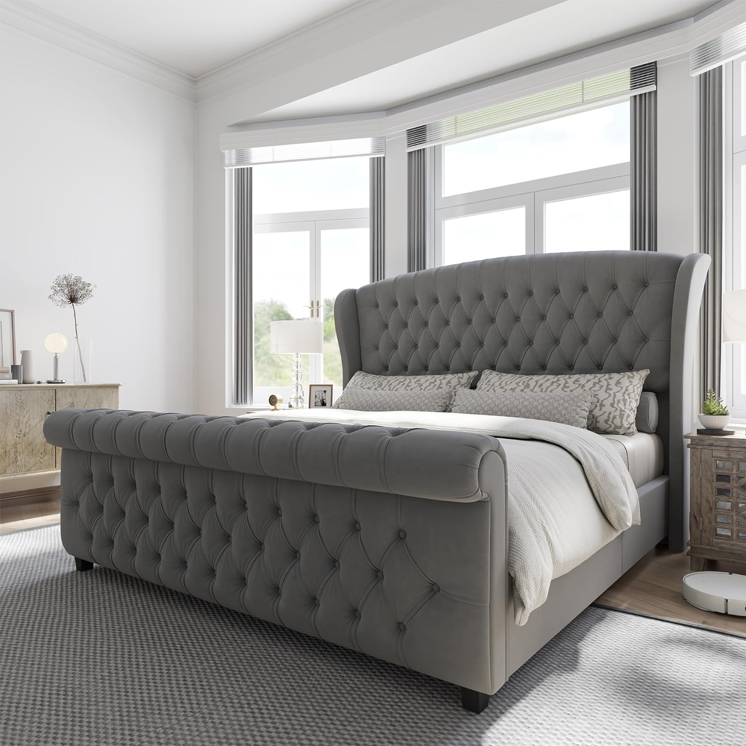 AMERLIFE King Size Platform Bed Frame, Velvet Upholstered Sleigh Bed with Scroll...