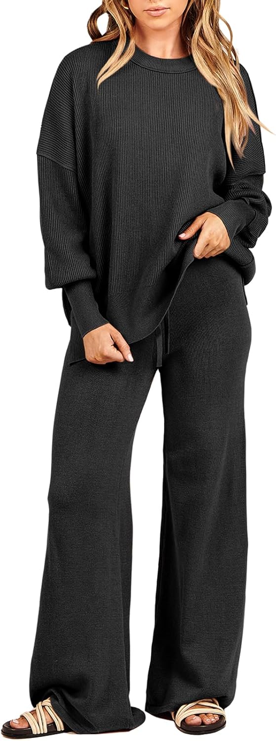 ANRABESS Women 2 Piece Outfits Oversized Chunky Knit Sweater Top Wide Leg Pants...