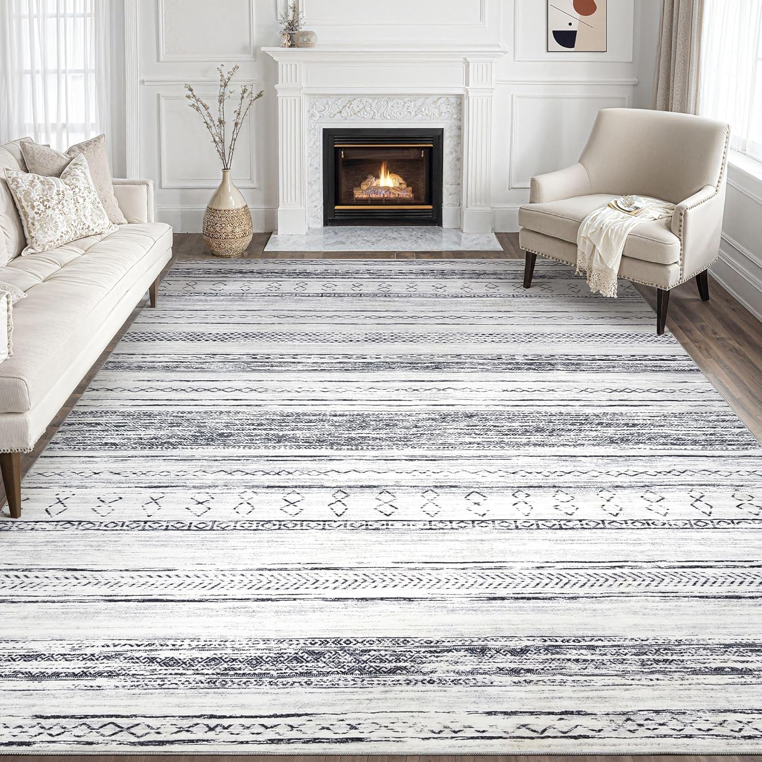 Area Rug Living Room Rugs - 8x10 Washable Large Soft Neutral Boho Moroccan Bohem...