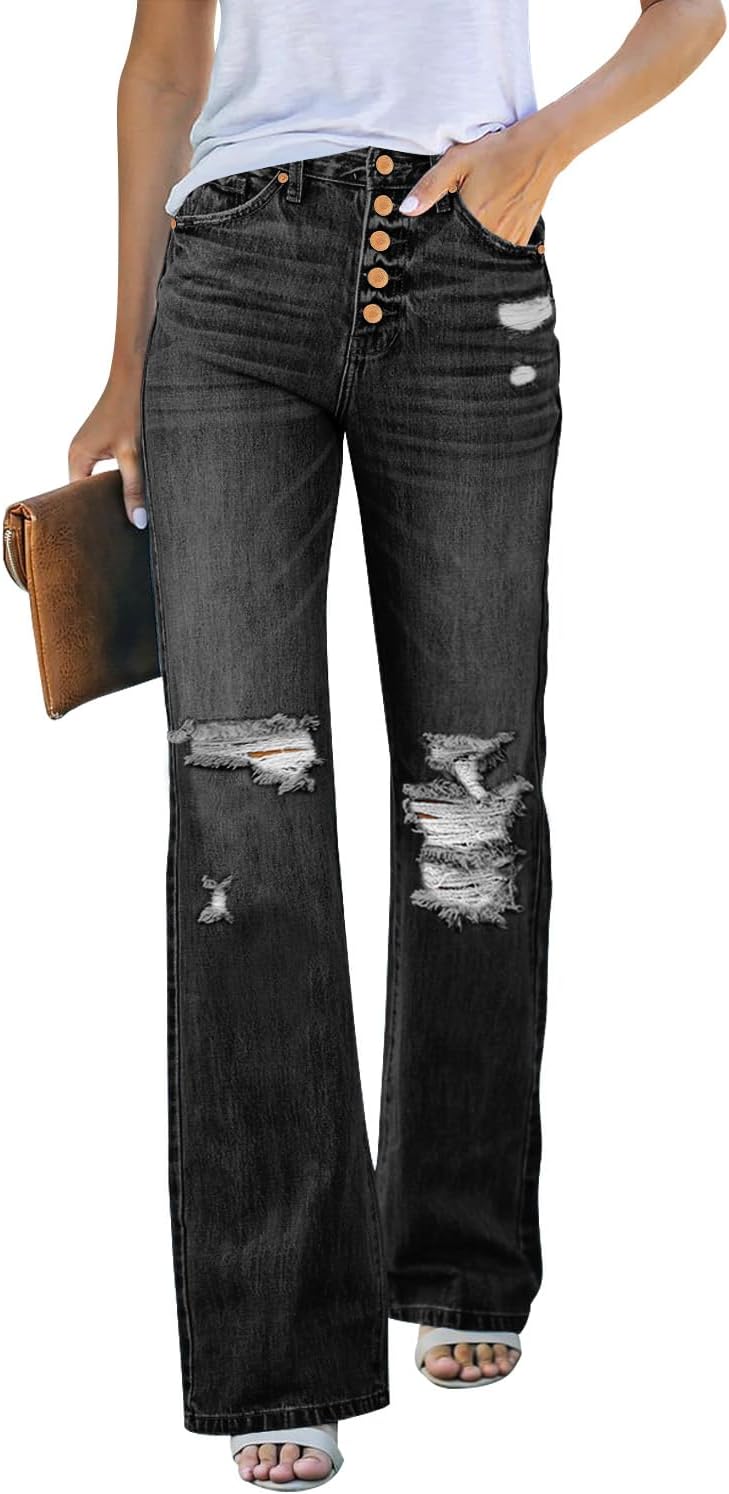 LookbookStore High Waisted Ripped Flare Jeans for Women Distressed Bell Bottom J...