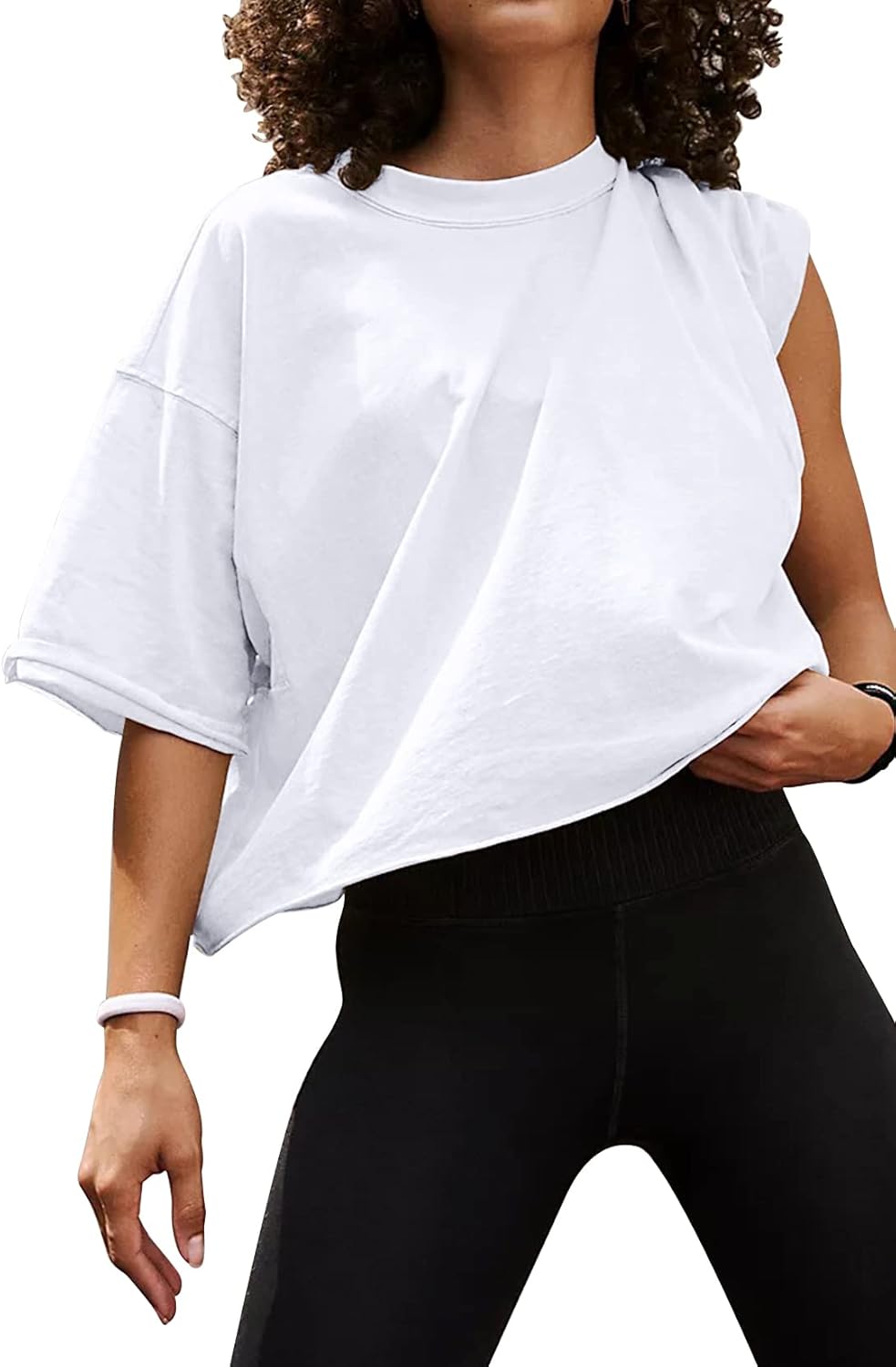 Women's Oversize Workout Crop Tops Casual Short Sleeve Drop Shoulder Boxy T-Shir...