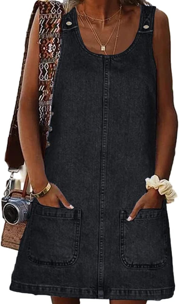 BZB Women's Sleeveless Casual Denim Dress Crewneck Vintage Overall Mini Dress wi...