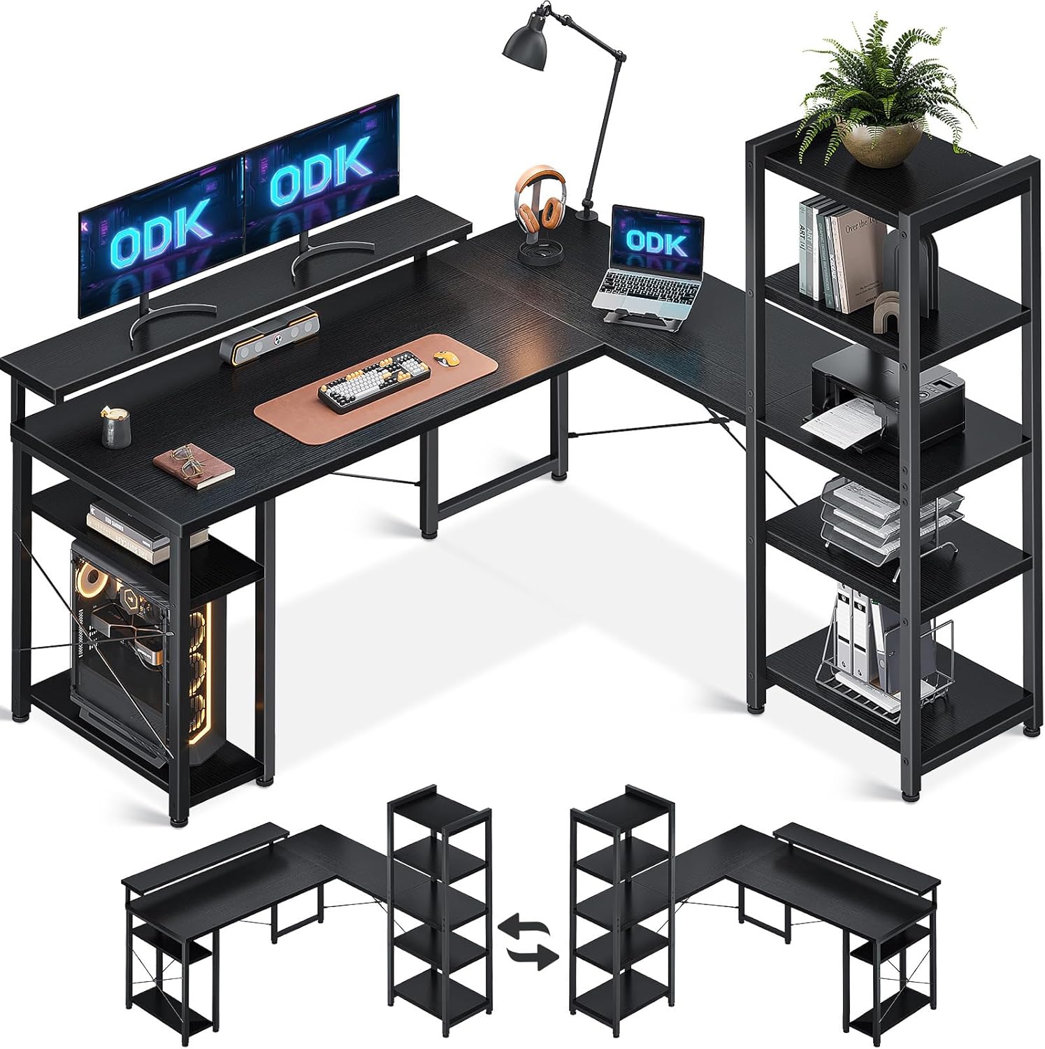 ODK Computer Desk with Shelves, Reversible L Shaped Desk with Monitor Stand, Rev...