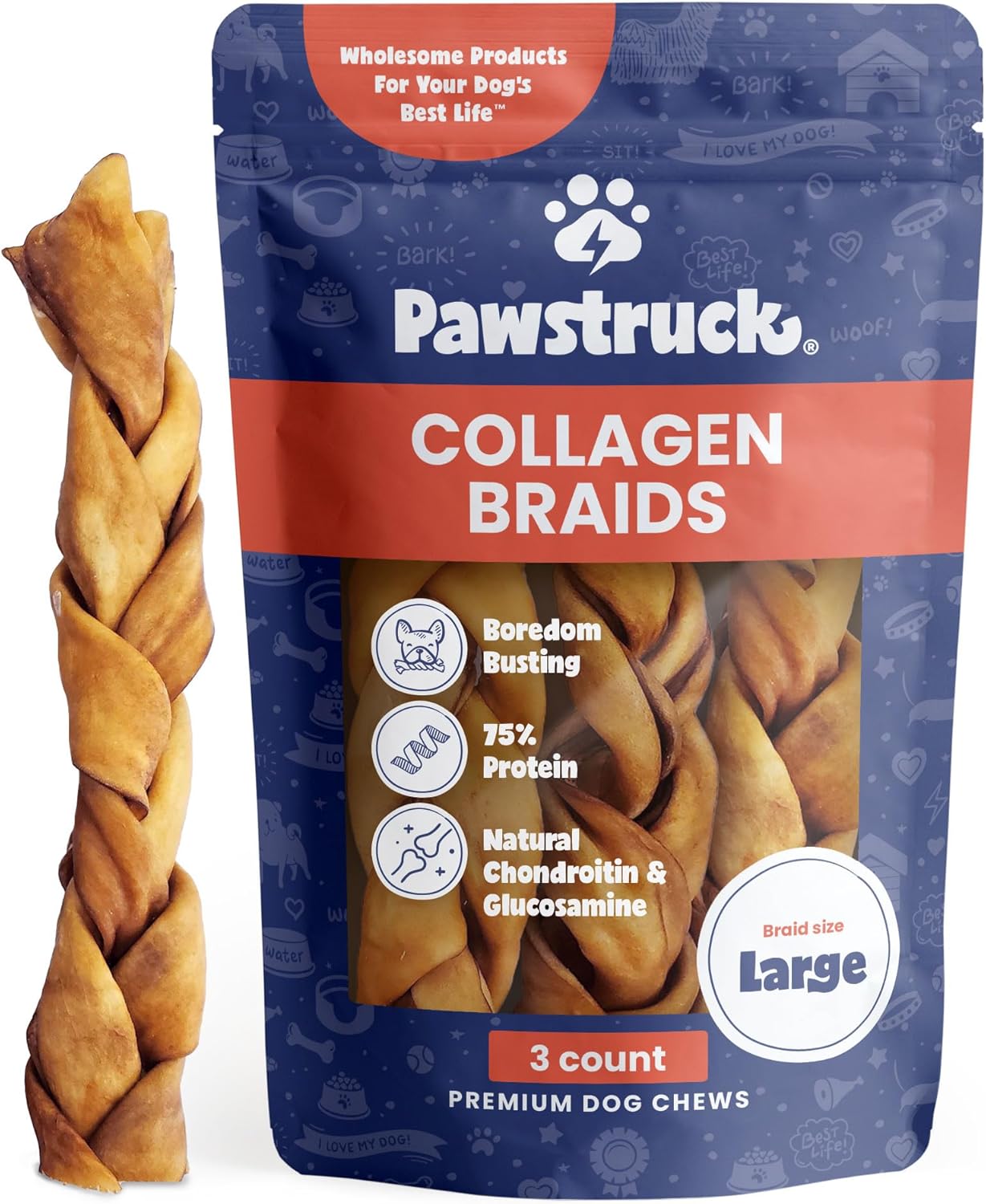 Pawstruck Natural Large 10-13” Beef Collagen Braids for Dogs - Healthy Long Last...