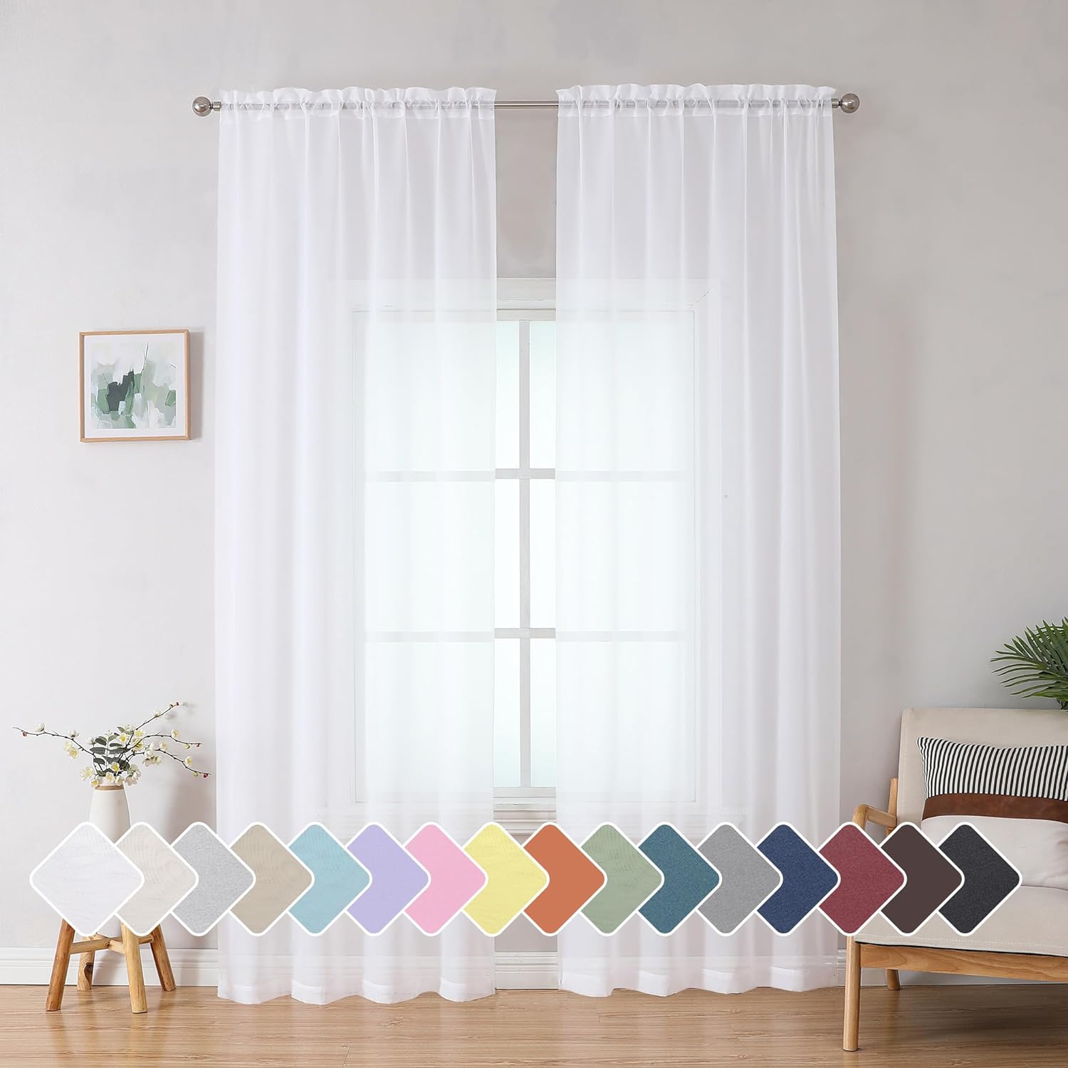 Simplebrand White Sheer Curtains 84 inches Length 2 Panels Set, Sheer White Curt...