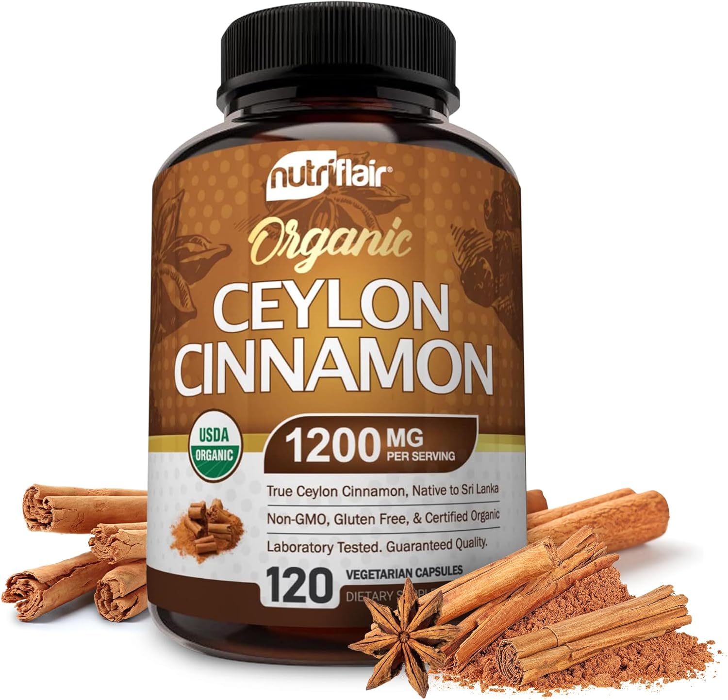 NutriFlair Organic Ceylon Cinnamon Supplement 1200mg, 120 Capsules - USDA Certif...