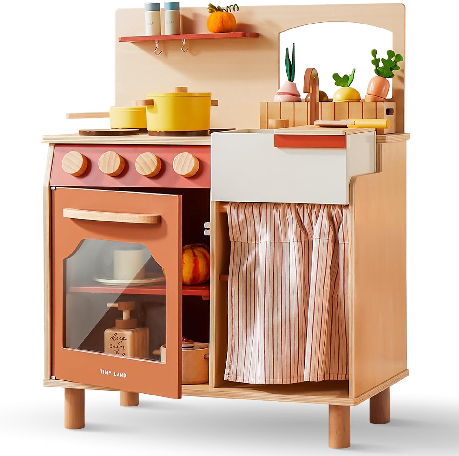 Tiny Land Play Kitchen Set, Toddler Kitchen with Cutting Food Set, Wooden Kitche...