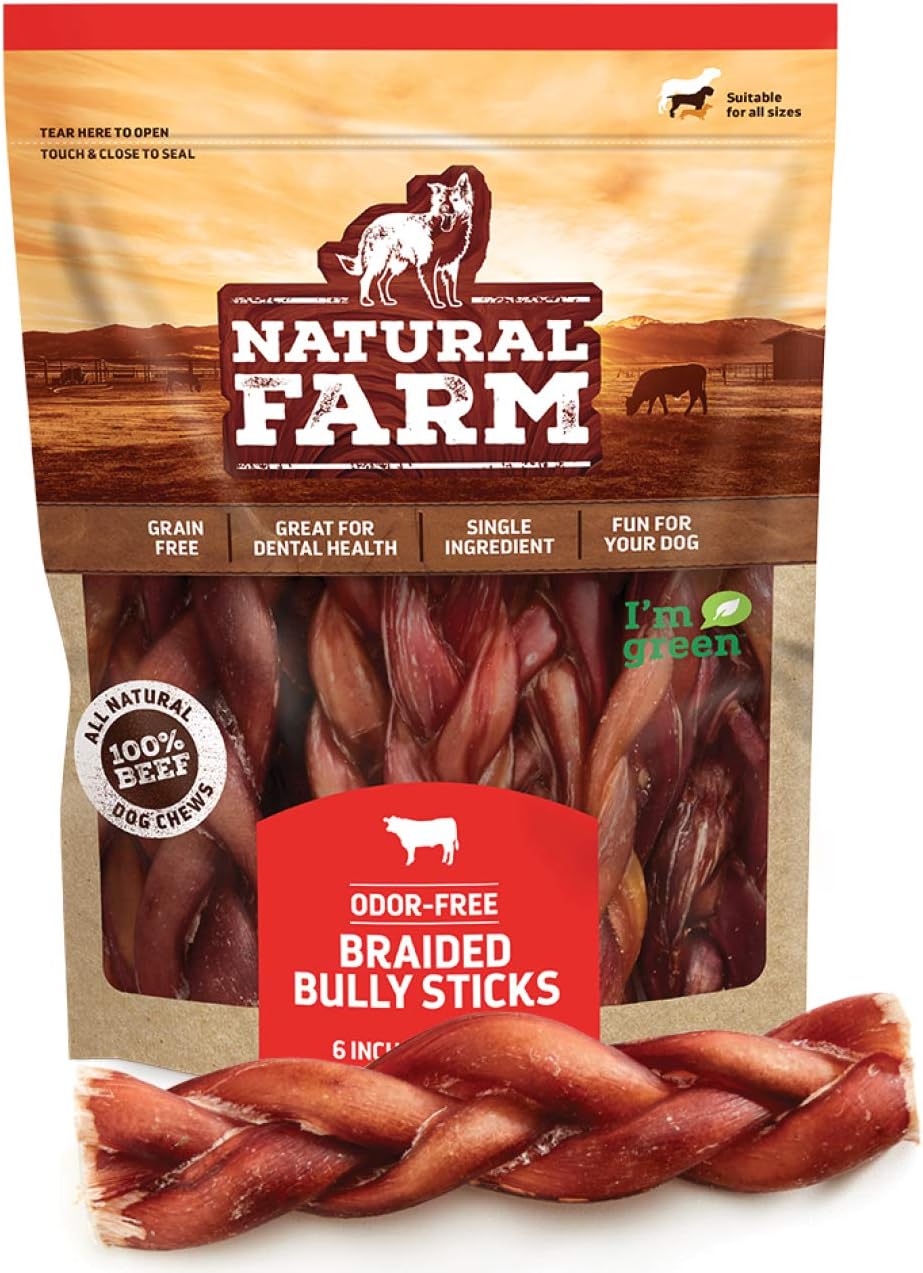 Natural Farm Odor-Free Braided Bully Sticks (6 Inch, 10 Pack) - 100% Grass-Fed B...