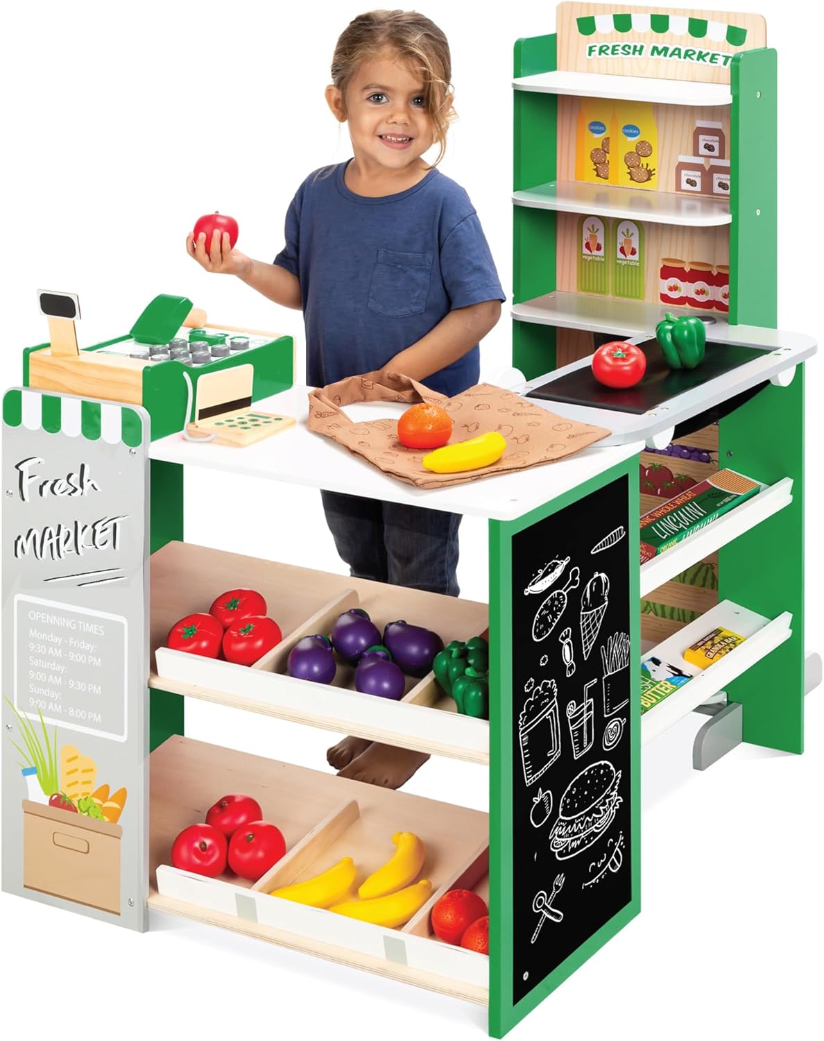 Best Choice Products Pretend Play Grocery Store Wooden Supermarket Toy Set for K...