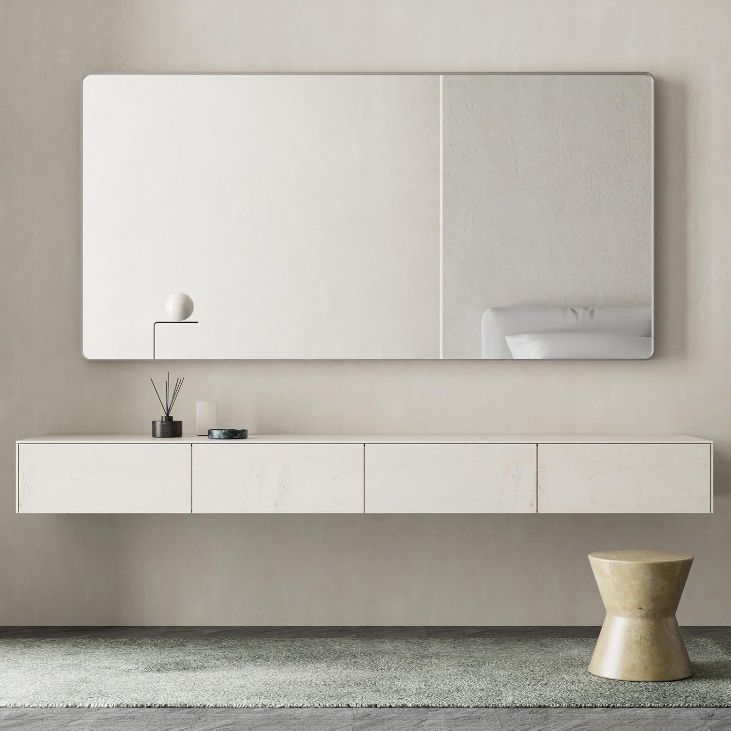 72x40 Inch Brushed Nickel Bathroom Mirror, Brushed Silver Metal Frame Mirror Wal...