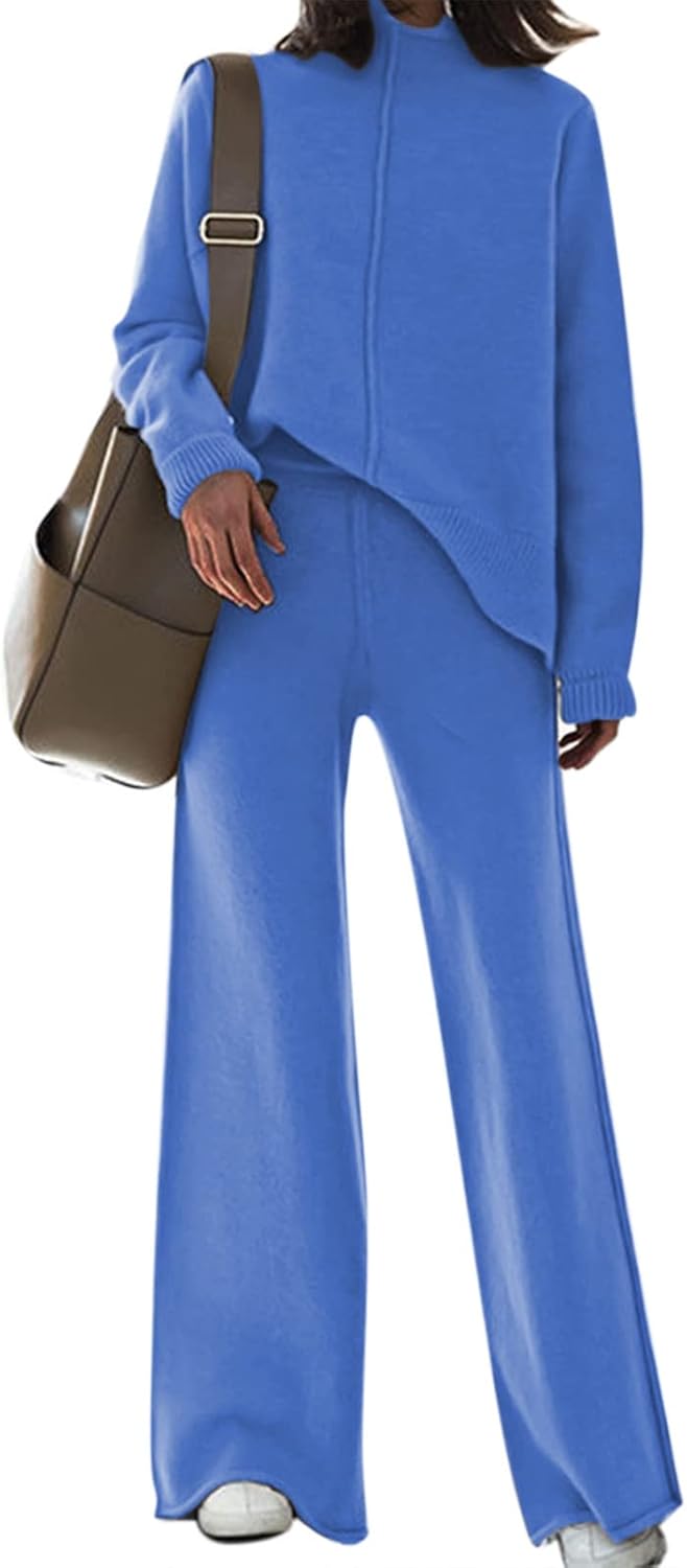 Fixmatti Women Knit Sweatsuit Turtleneck Sweater Top and Wide Leg Pant 2 Piece O...