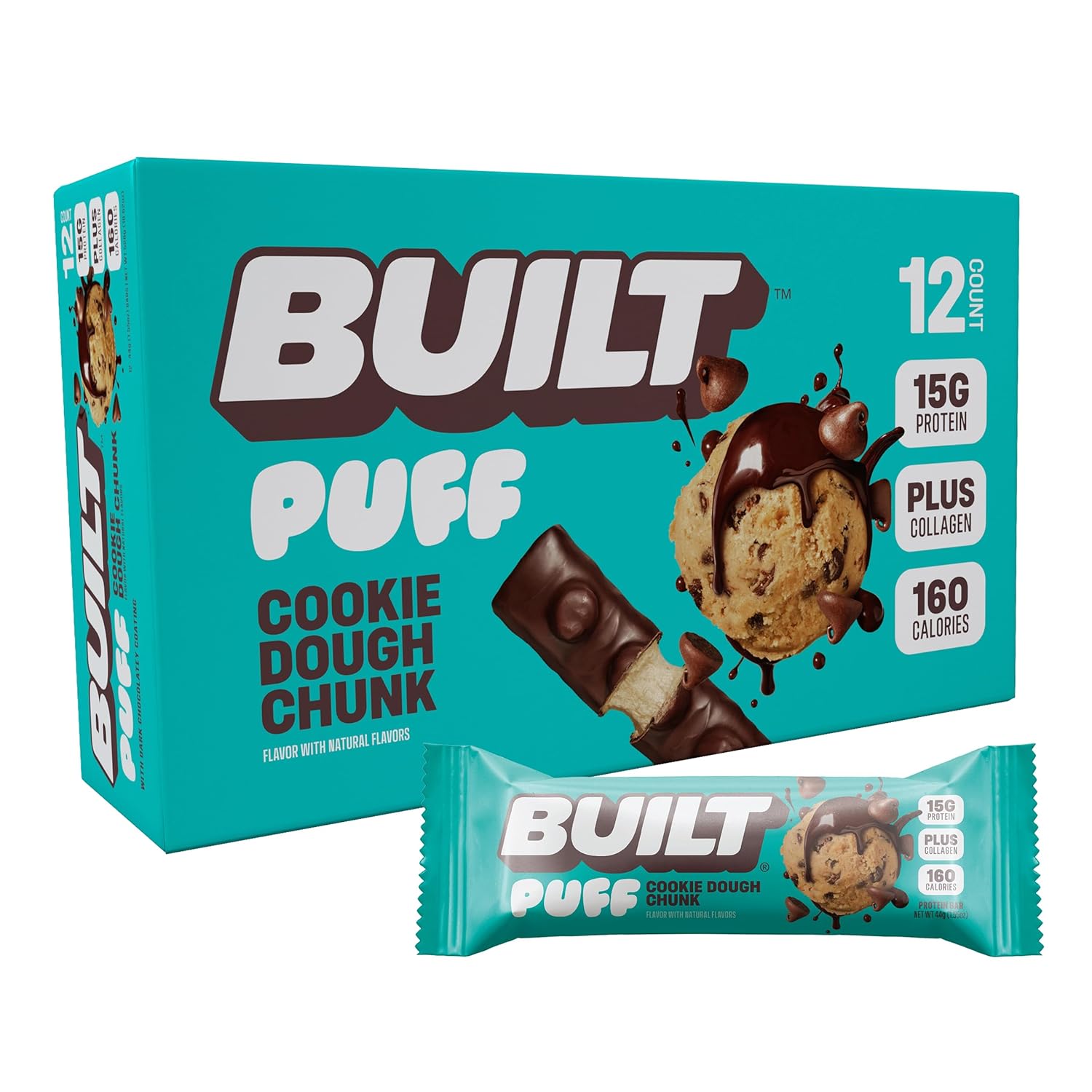 BUILT Protein Bars, Cookie Dough Chunk Puff, 12 count, Protein Snacks with 15g o...
