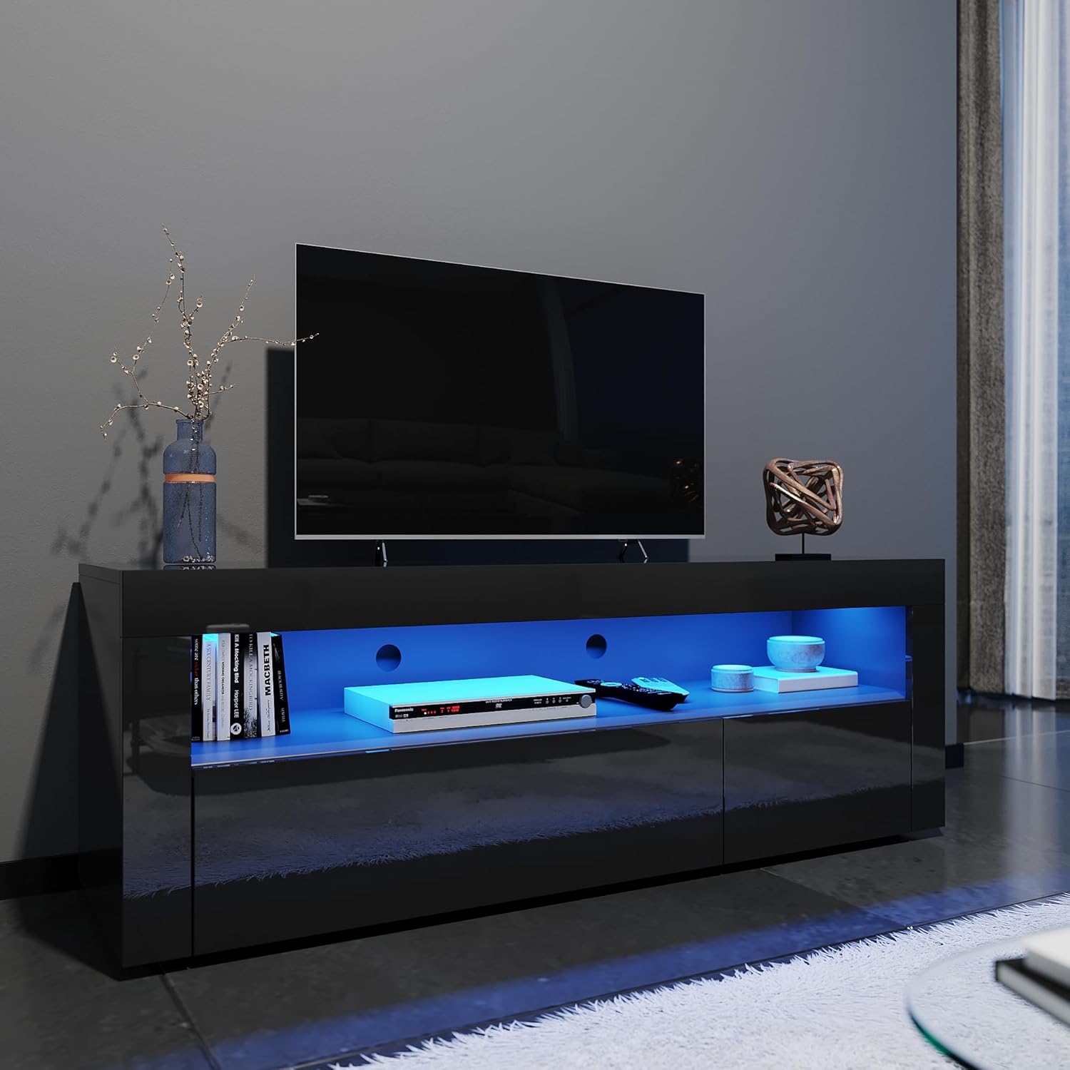 ELEGANT 1200mm LED Light TV Cabinet Modern Black High Gloss TV Stand with Ambien...