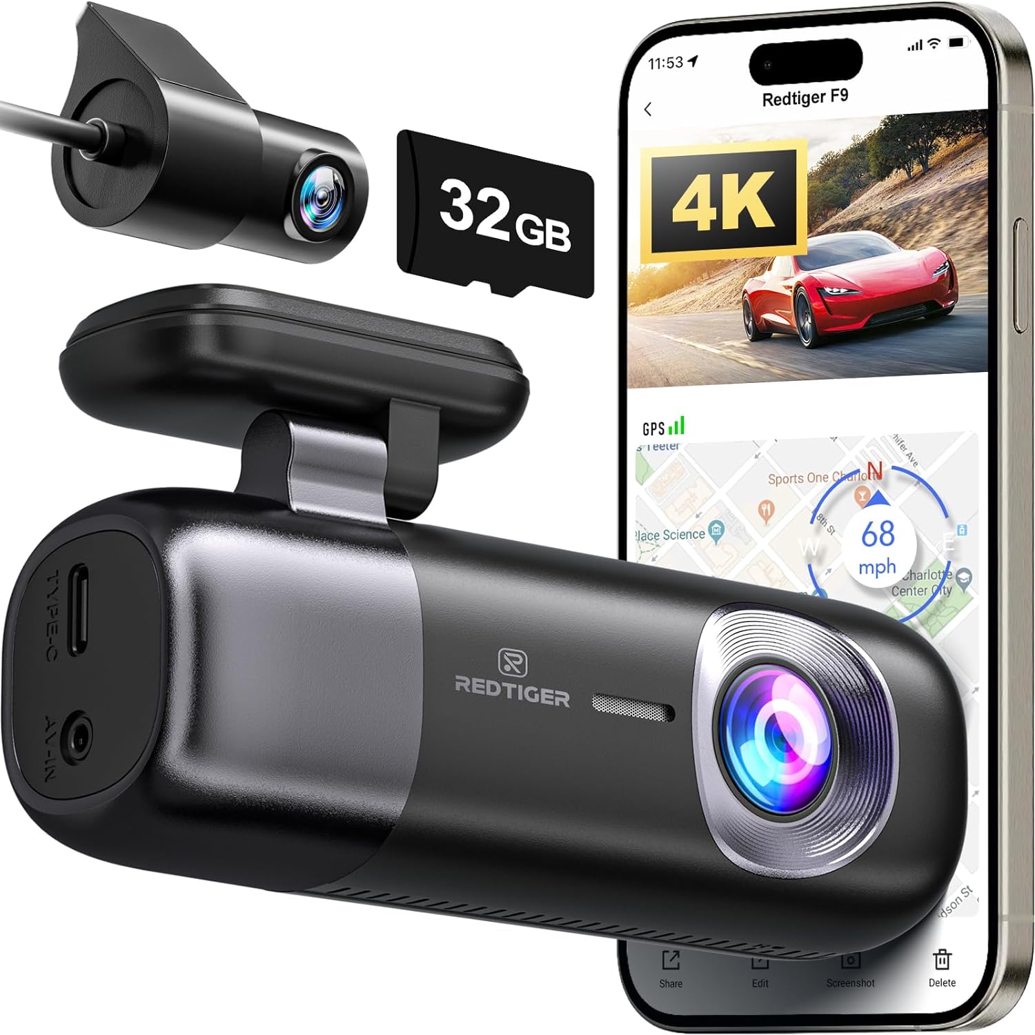 REDTIGER Dash Cam 4K Front and Rear 1080P, WiFi GPS Car Camera with 32GB Card, D...