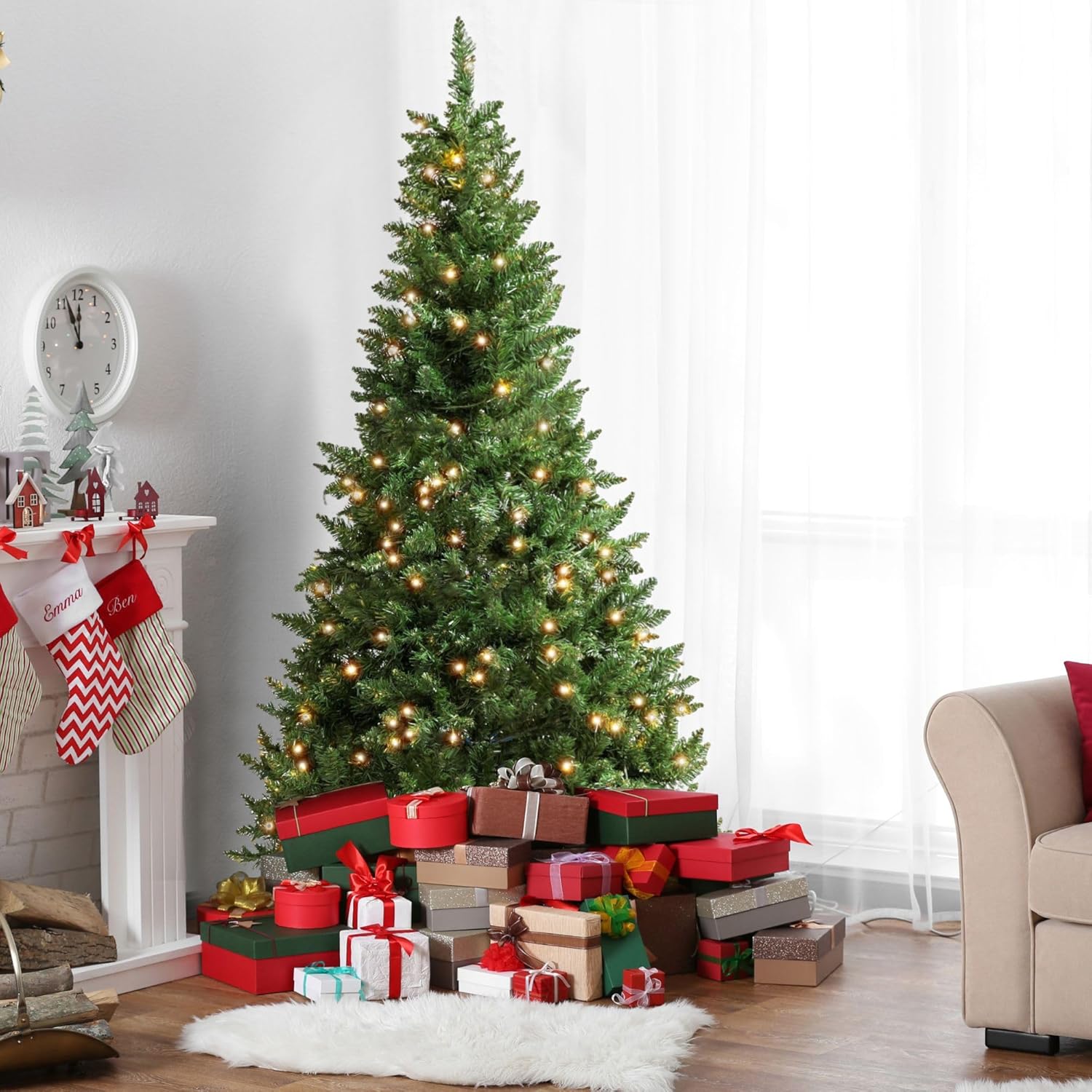 Olsen & Smith 7ft Pre Lit Christmas Tree 450 White LED Lights & 1100 Branch Tips...