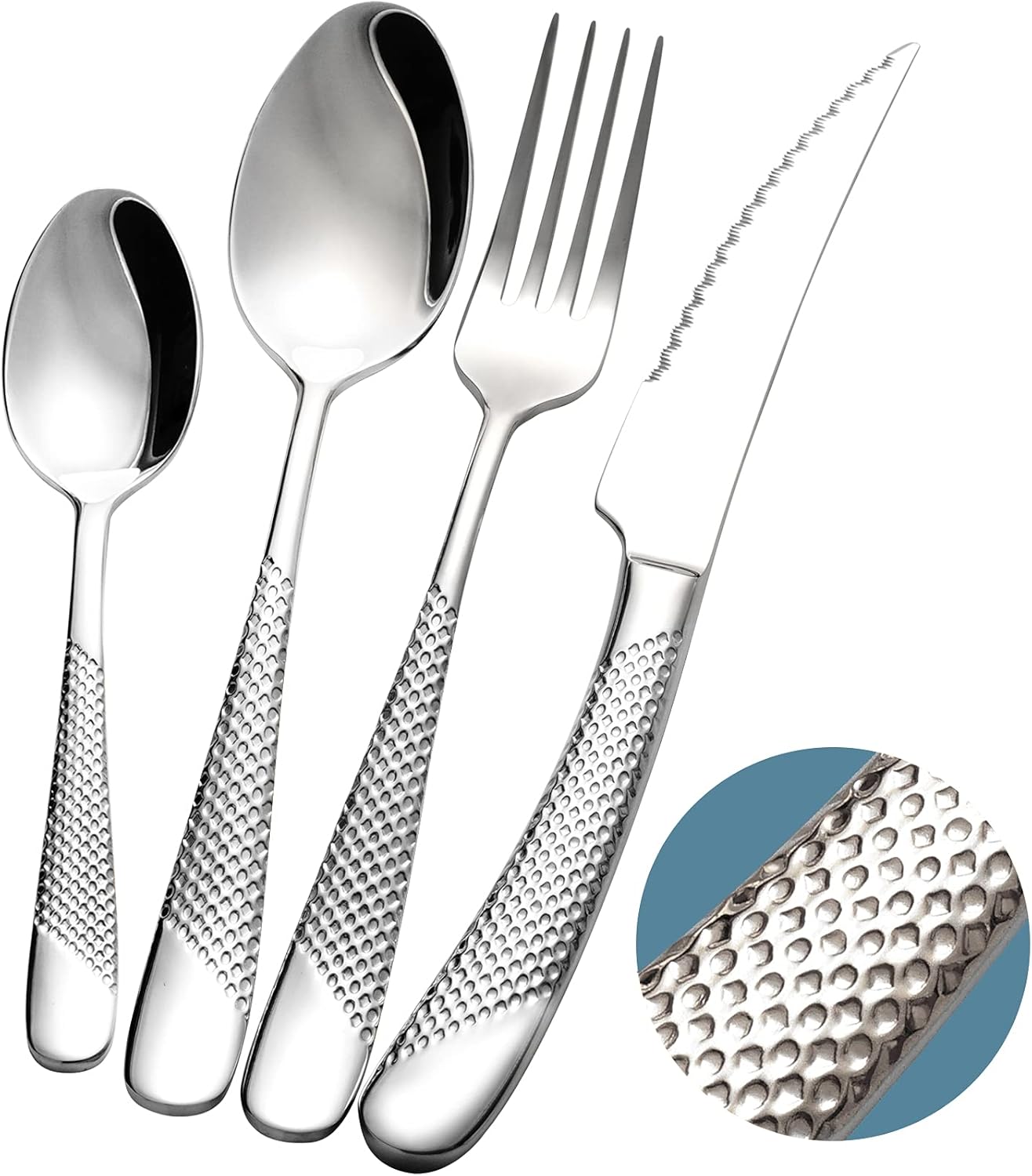 Xideman® 24-Piece ​Modern Hammered Silver Cutlery Set with Ultra Sharp 2-in-1 Se...