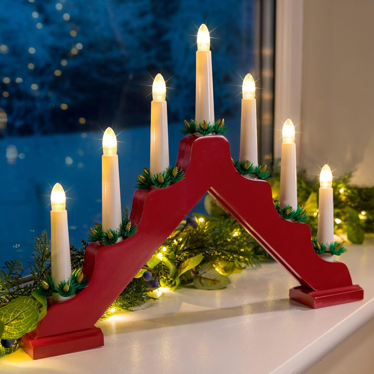 Christow Christmas Candle Bridge Light 7 LED Battery Operated Wooden Decoration...