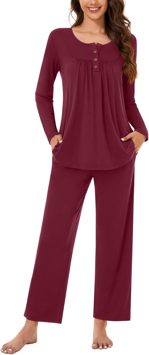 Bestbee Women's Pyjamas Set, 2 Piece Pleated Nightwear Set Long Sleeve Long Pant...
