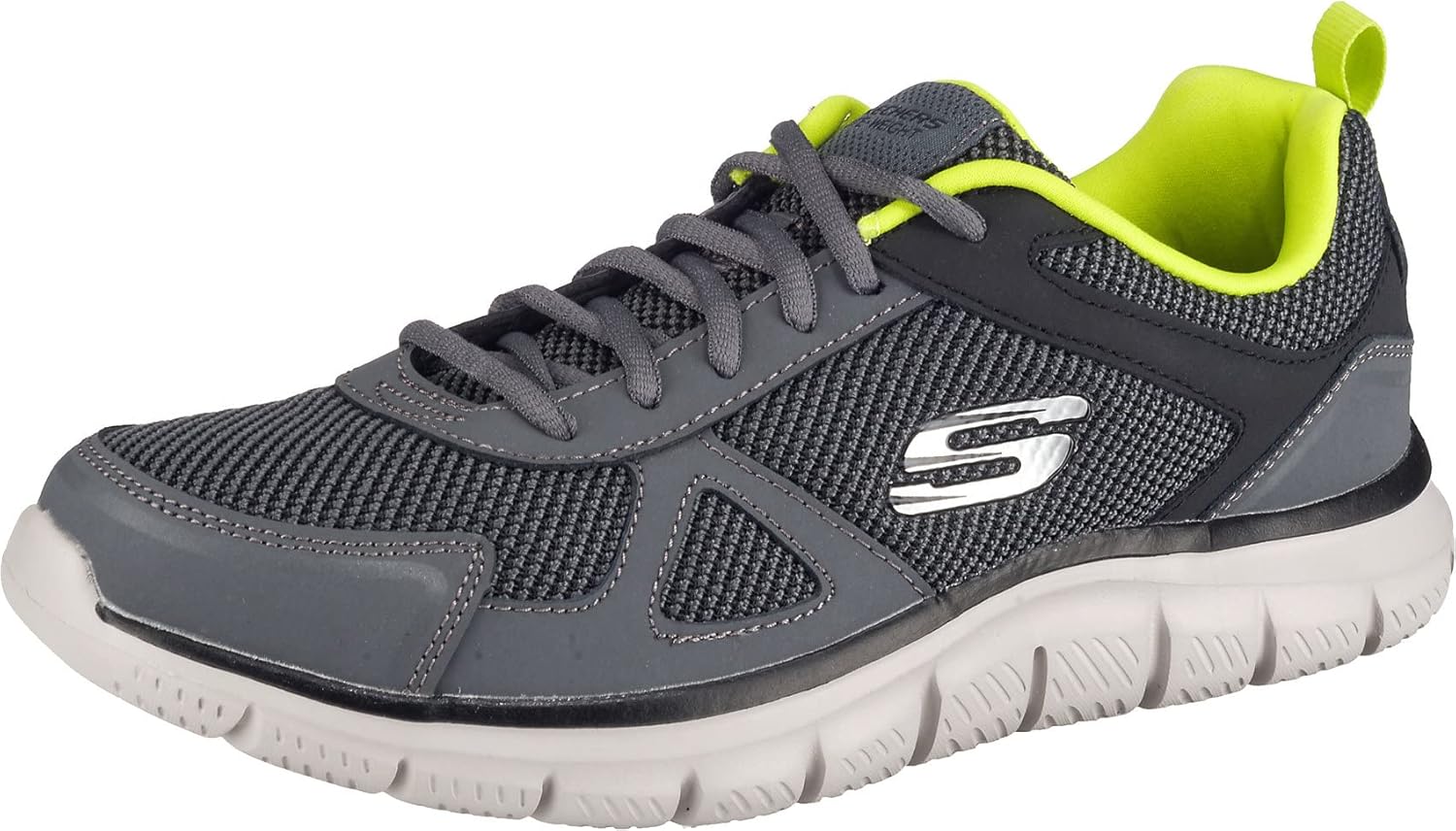 Skechers Men's Track Bucolo Oxford 11 UK Charcoal Black Leather Mesh Lime Trim