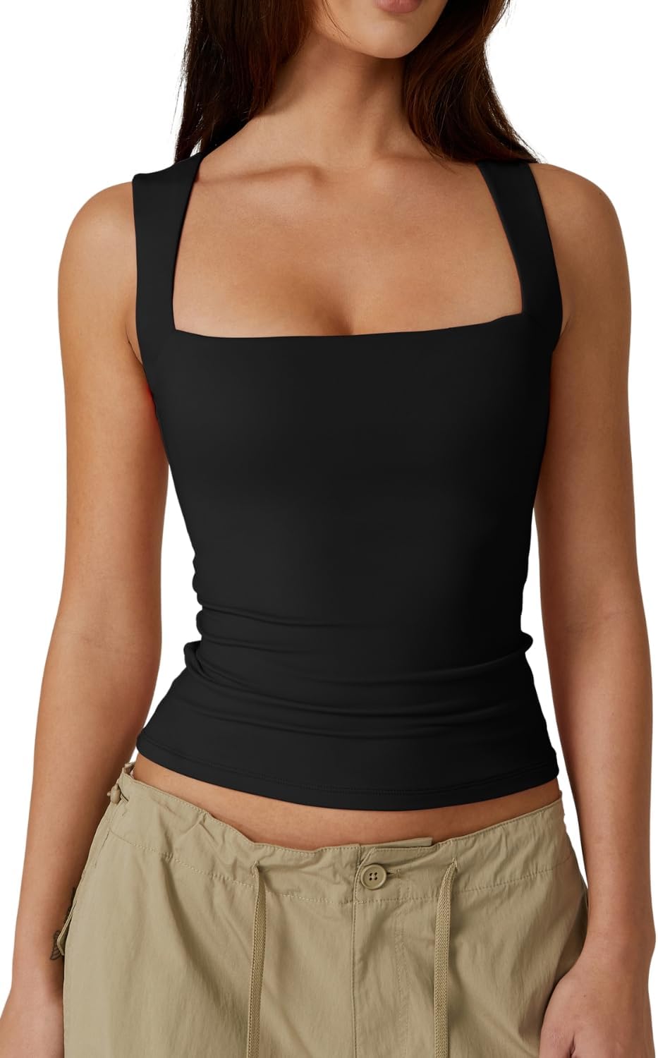 QINSEN Women's Square Neck Sleeveless Double-Layer Tank Tops Basic Tight T Shirt...