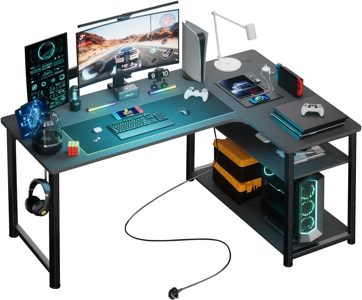 COMHOMA L Shaped Gaming Desk with Power Outlets Corner Computer Desk 110x80CM wi...