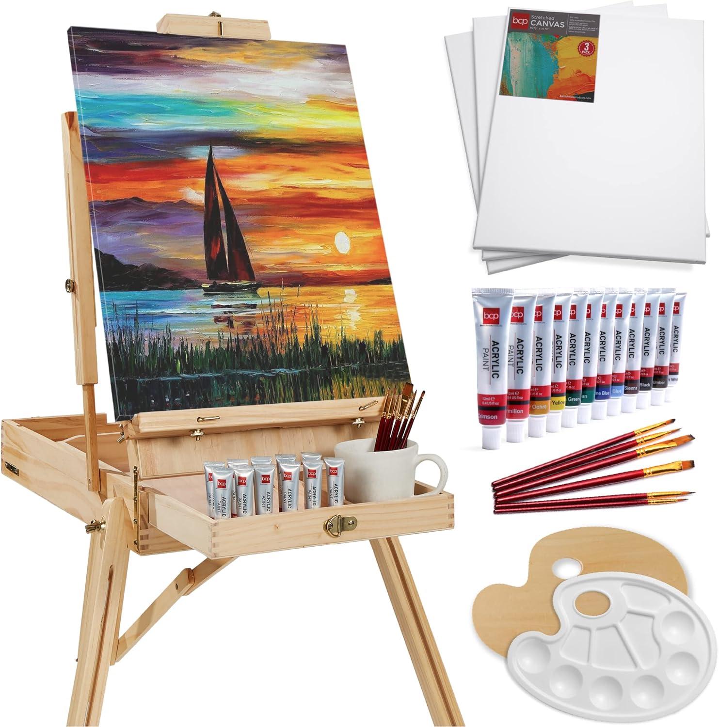Best Choice Products French Easel, 32pc Beginners Kit Portable Wooden Folding Ad...