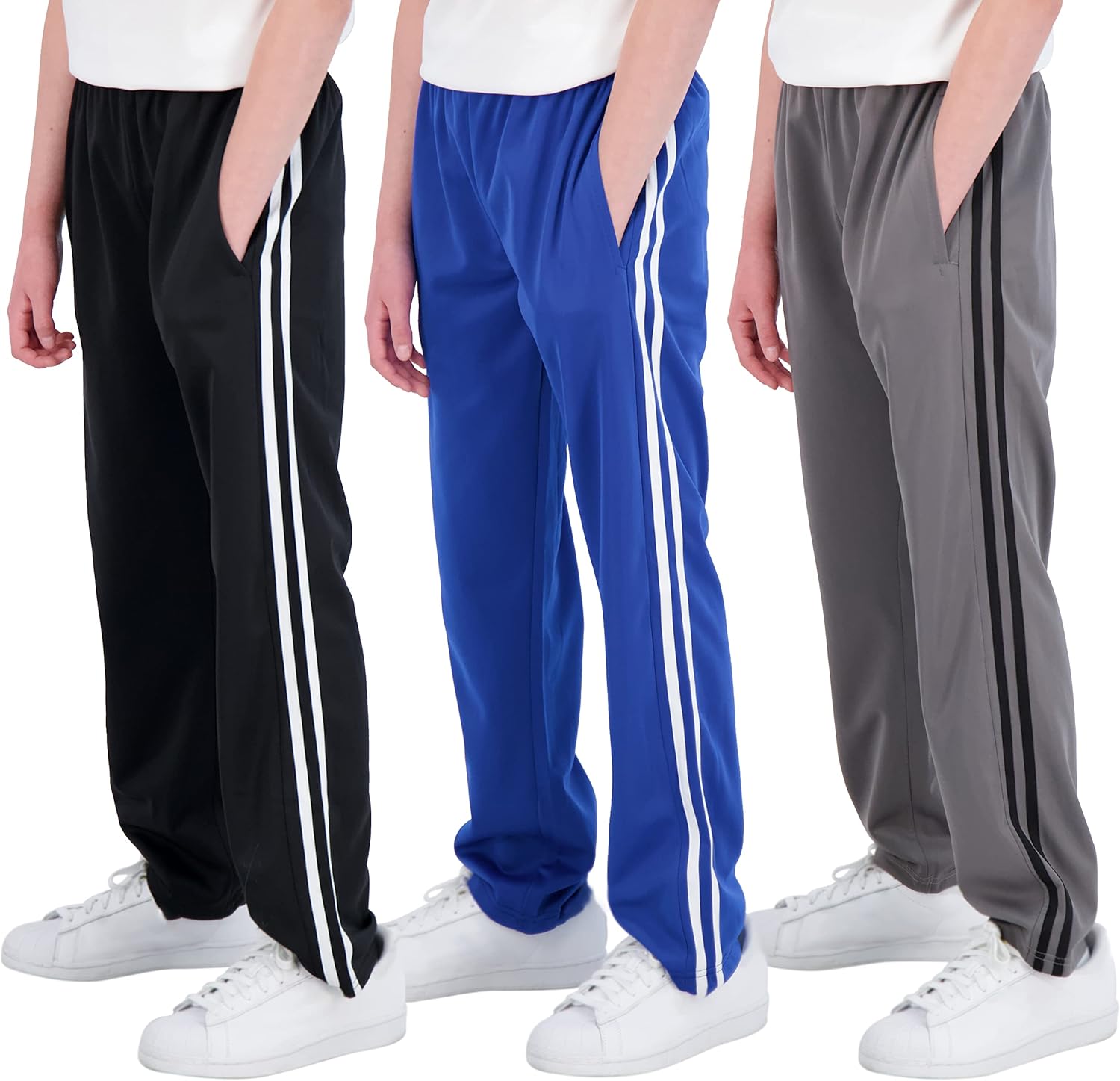 Real Essentials 3 Pack: Boys' Tricot Open Bottom Fleece-Lined Sweatpants with Po...