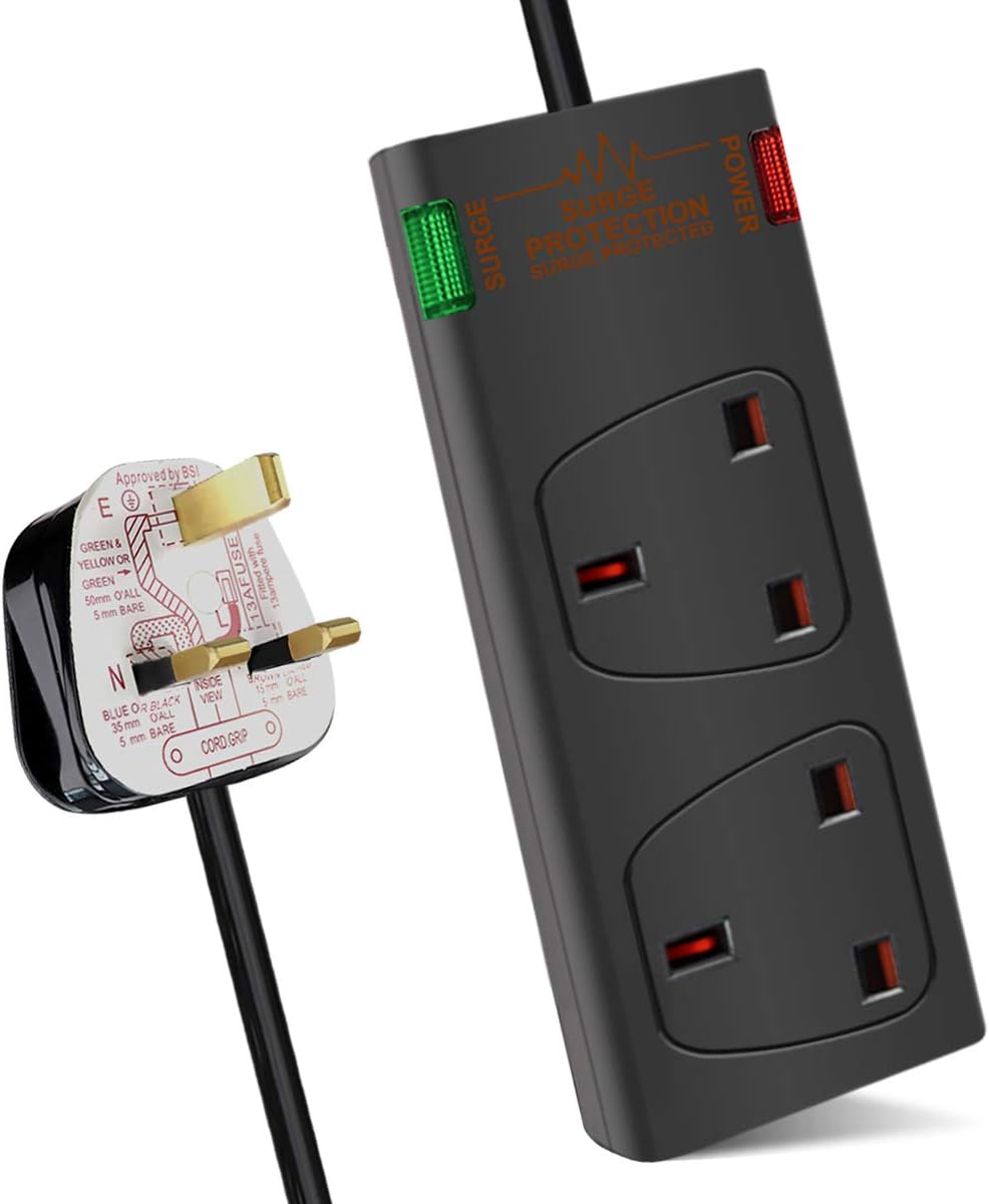 ExtraStar 2 Way Double Socket Power Mains Extension Lead 1M Metre Cable - Surge...