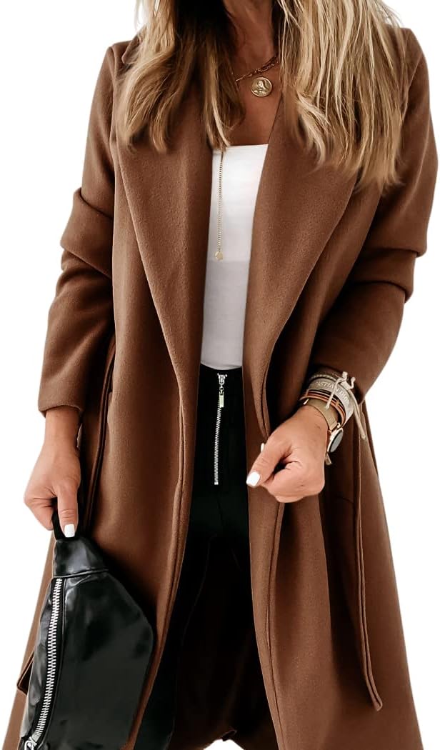 Womens Classic Coat Lapel Collar Open Front Belted Long Jacket XX-Large Brown