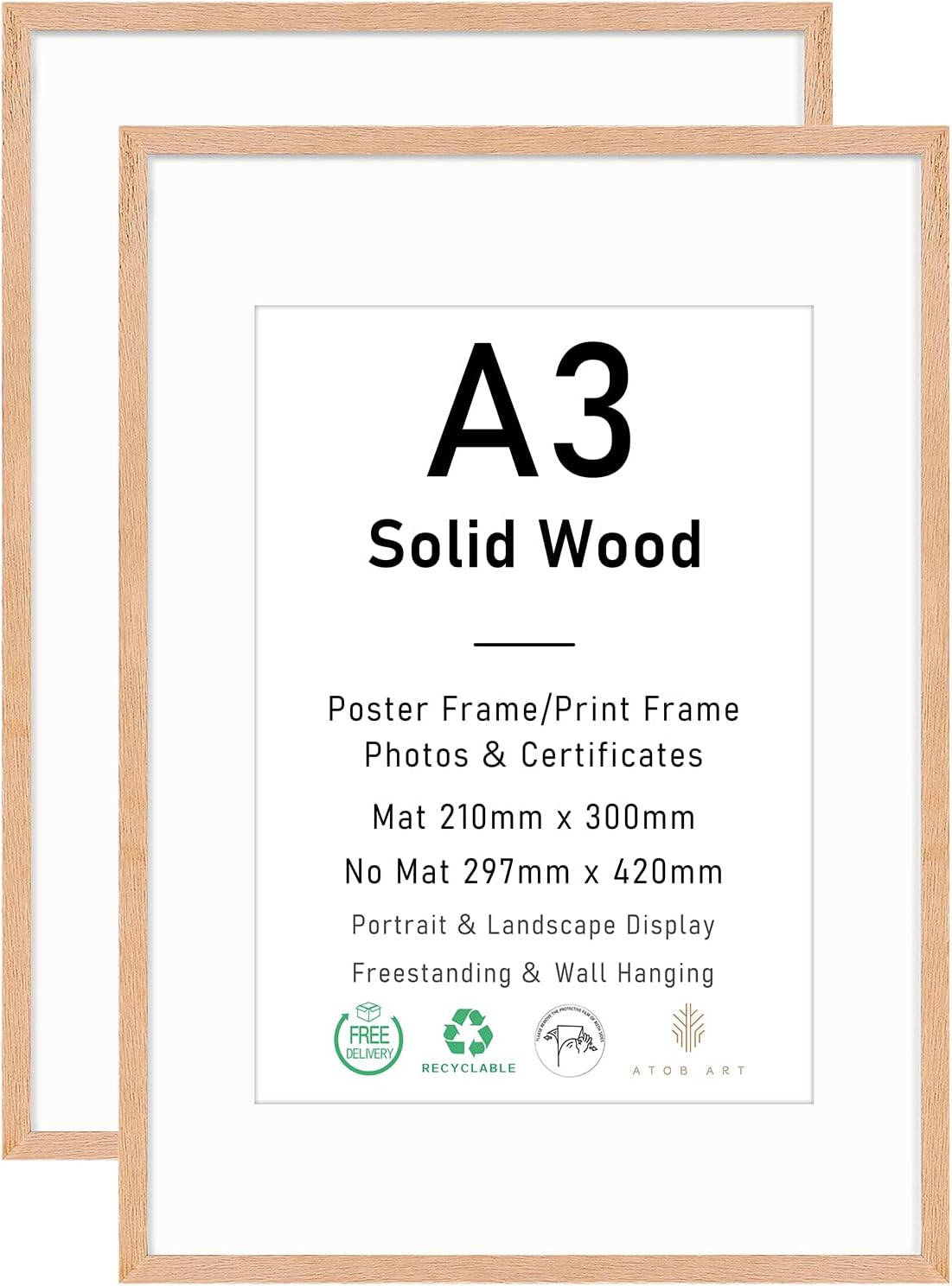 A3 Certificate Picture Frame, OAK Wood Photo Frame with mount for A4 print, Post...