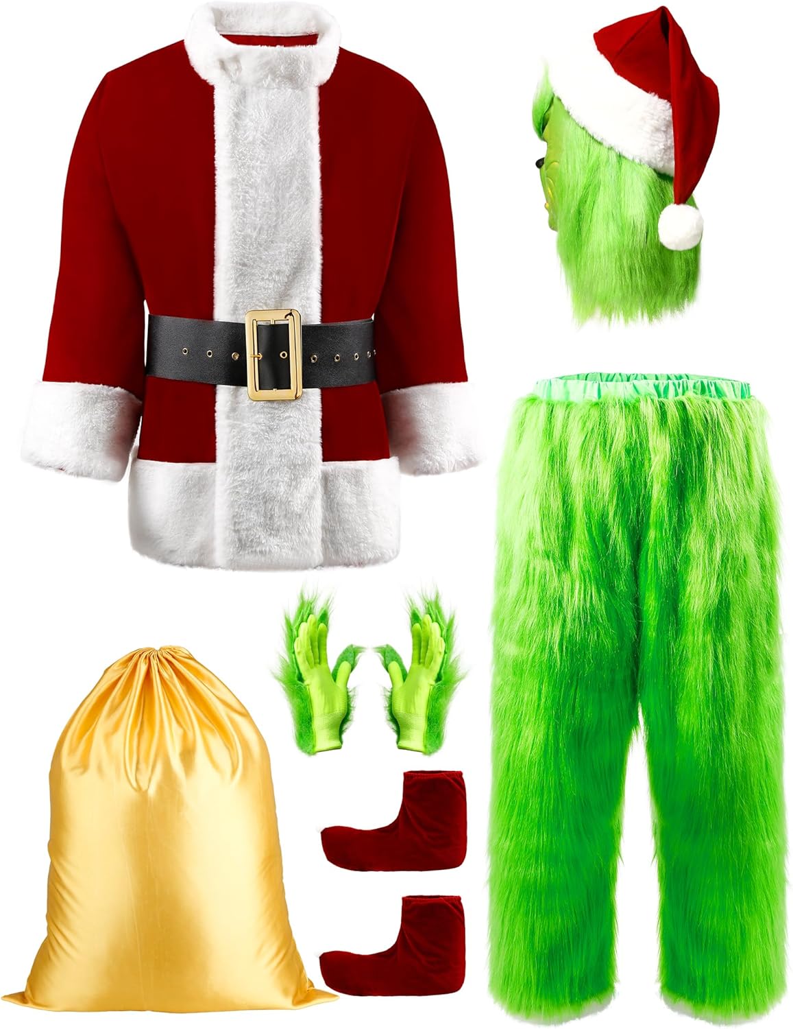 Halloween Costumes Adult, Green Costume 8PCS Christmas Santa Claus Costume for M...