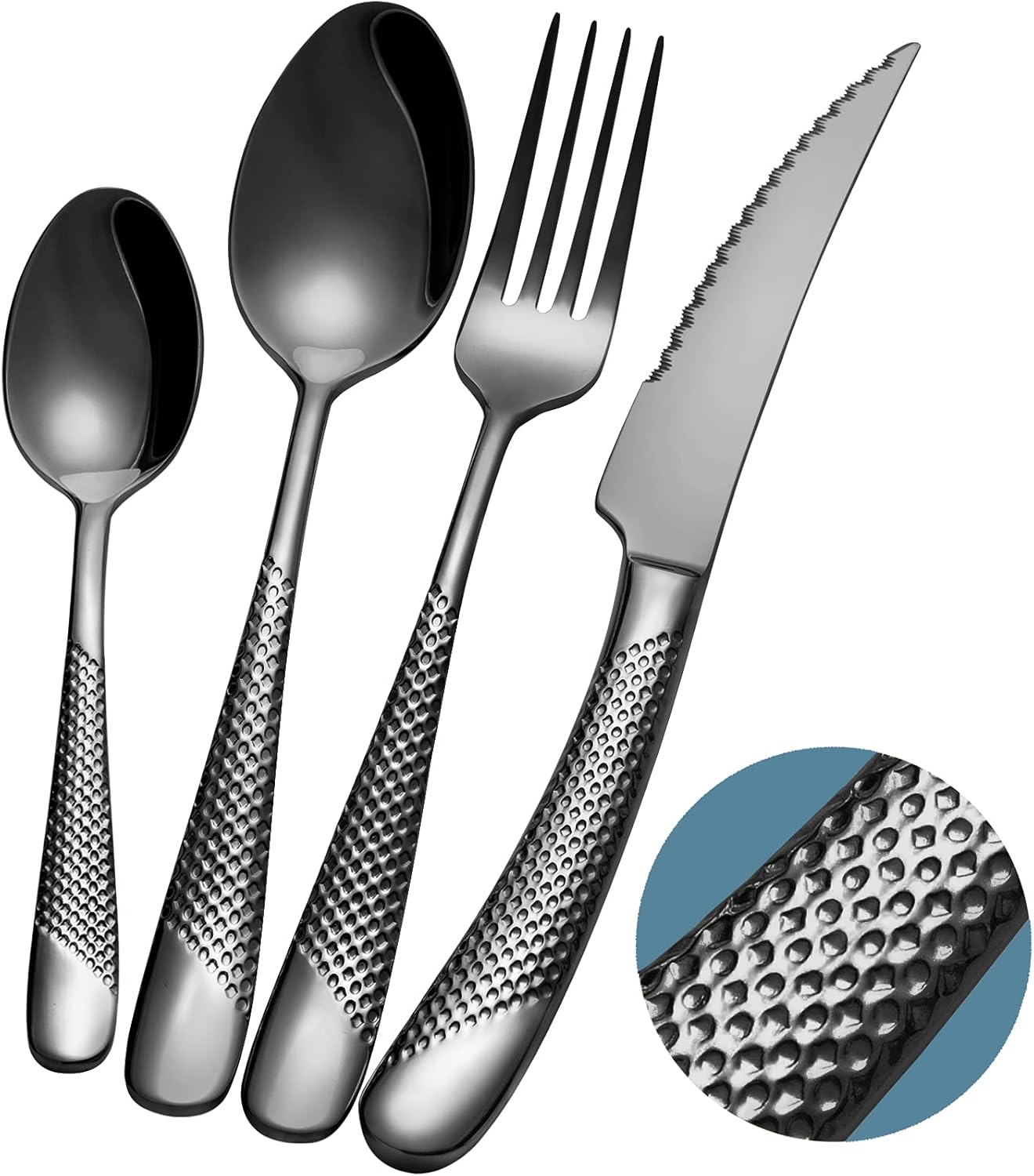 Xideman® 24-Piece ​Modern Black Hammered Cutlery Set with Ultra Sharp 2-in-1 Ser...