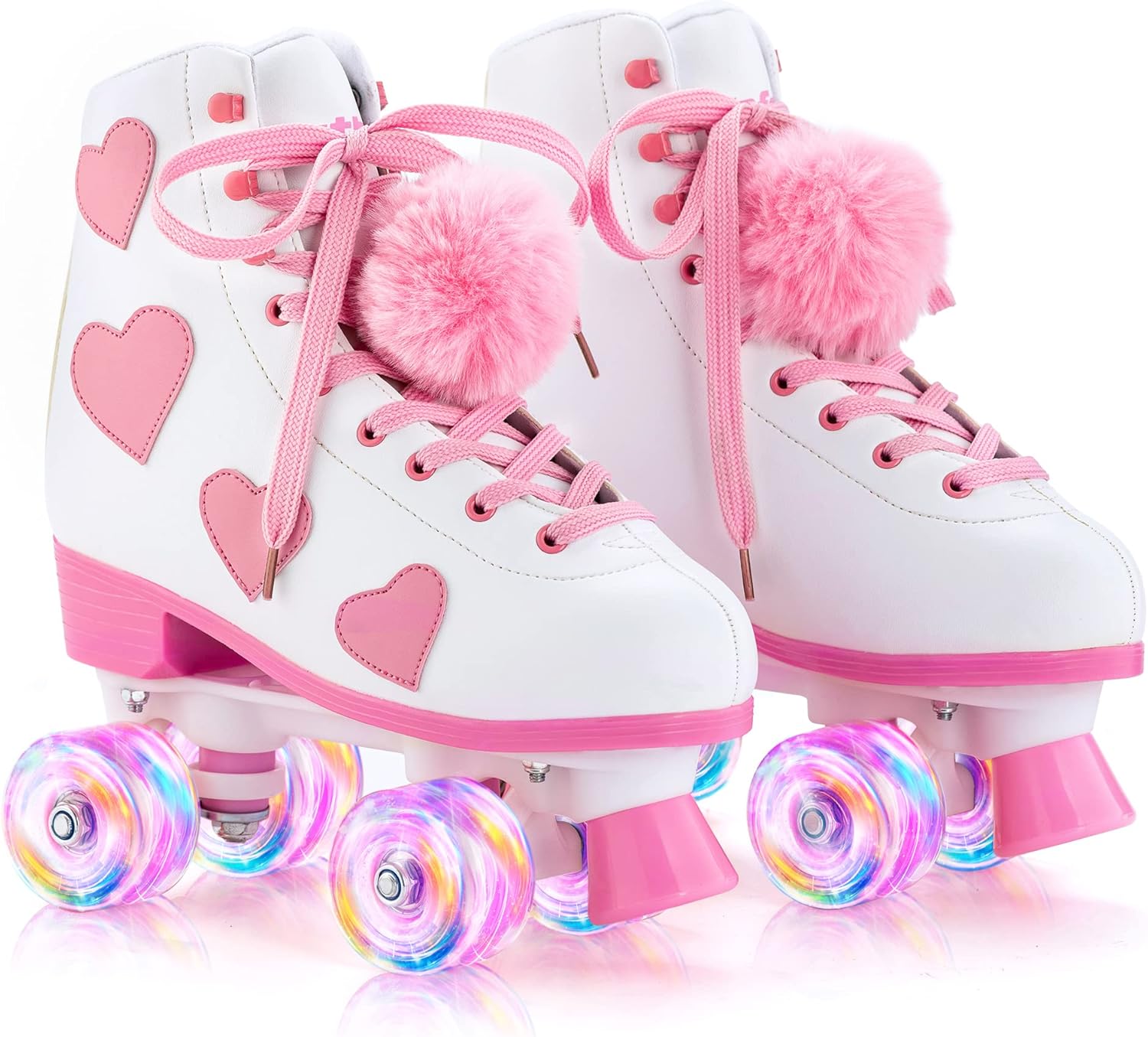 Women's and Girl's Classic Roller Skates with Light up Wheels and Love Heart Pat...