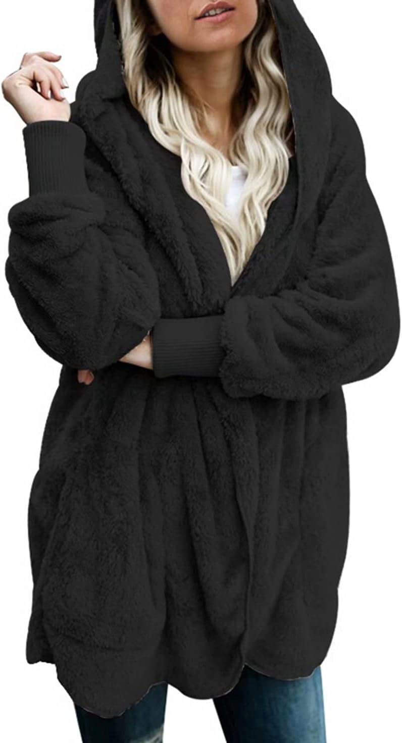 Dokotoo Womens 2024 Winter Long Sleeve Solid Fuzzy Fleece Open Front Hooded Card...