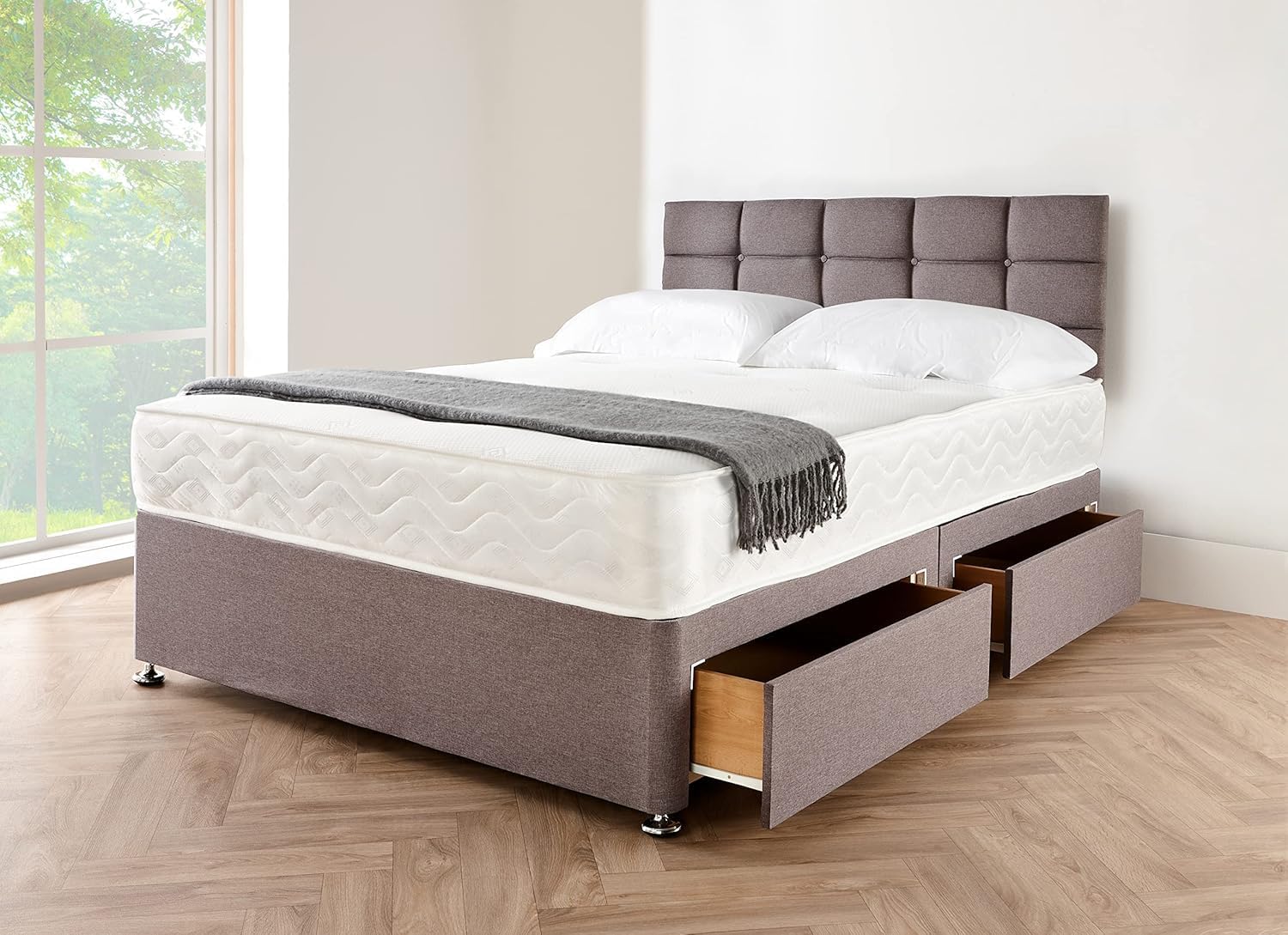 Divan Beds Deals Grey Linen 4FT6 Double Bed | Double Bed and Mattress Included 1...