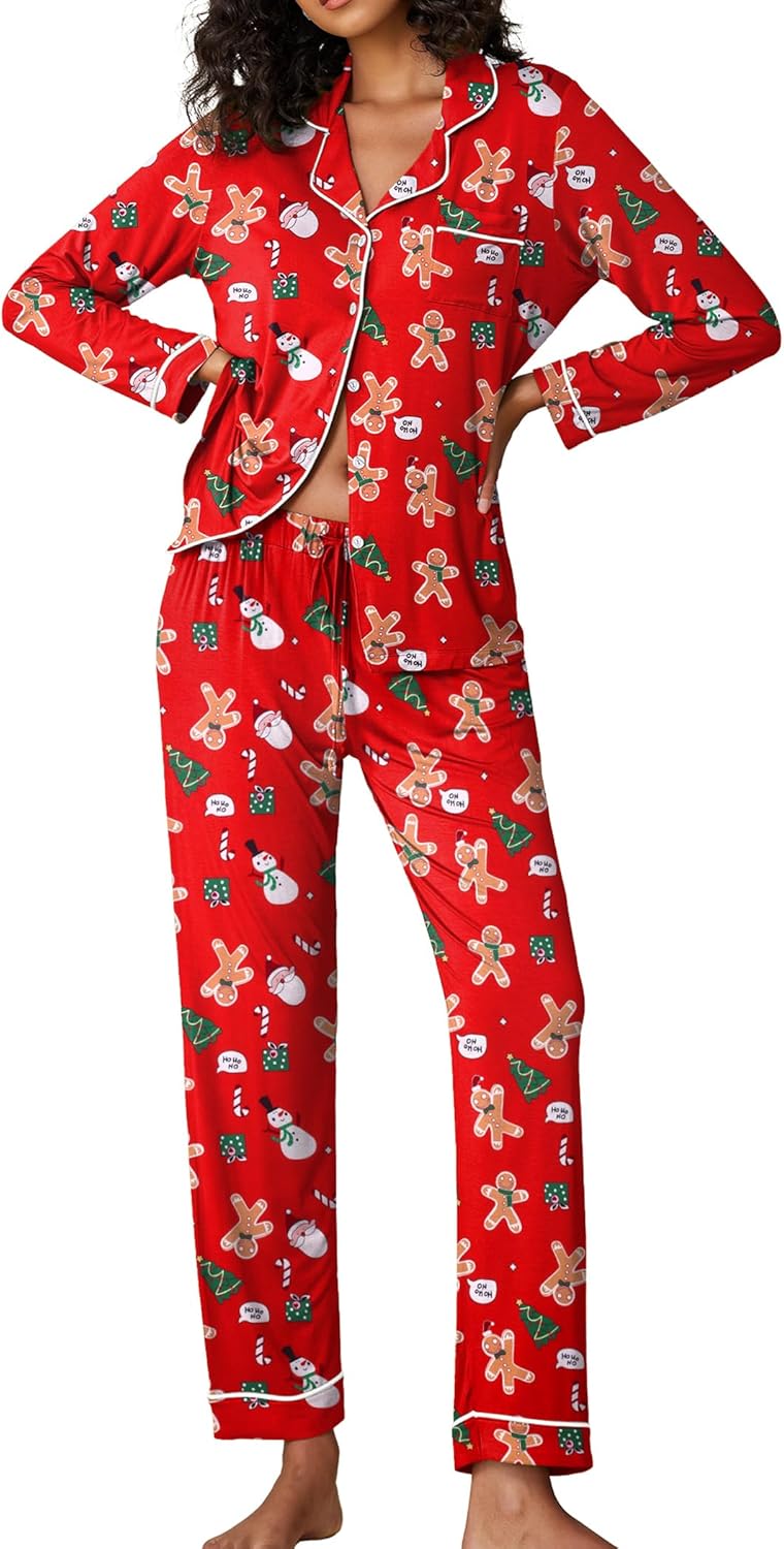 Ekouaer Pajamas Women's Long Sleeve Sleepwear Soft Button Down Loungewear Pjs Lo...