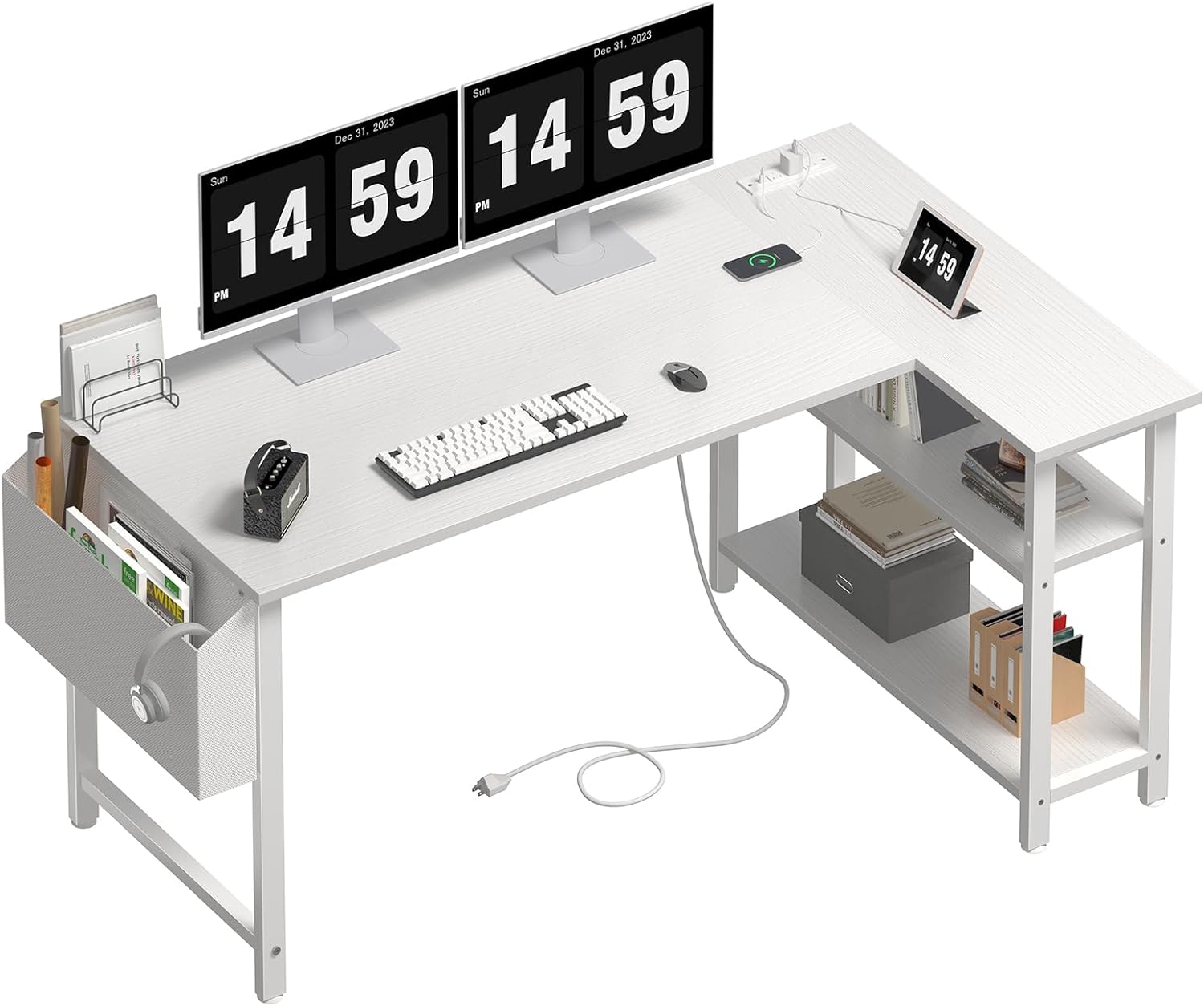Lufeiya White L Shaped Computer Desk with Power Outlet Shelves, 47 Inch Corner D...
