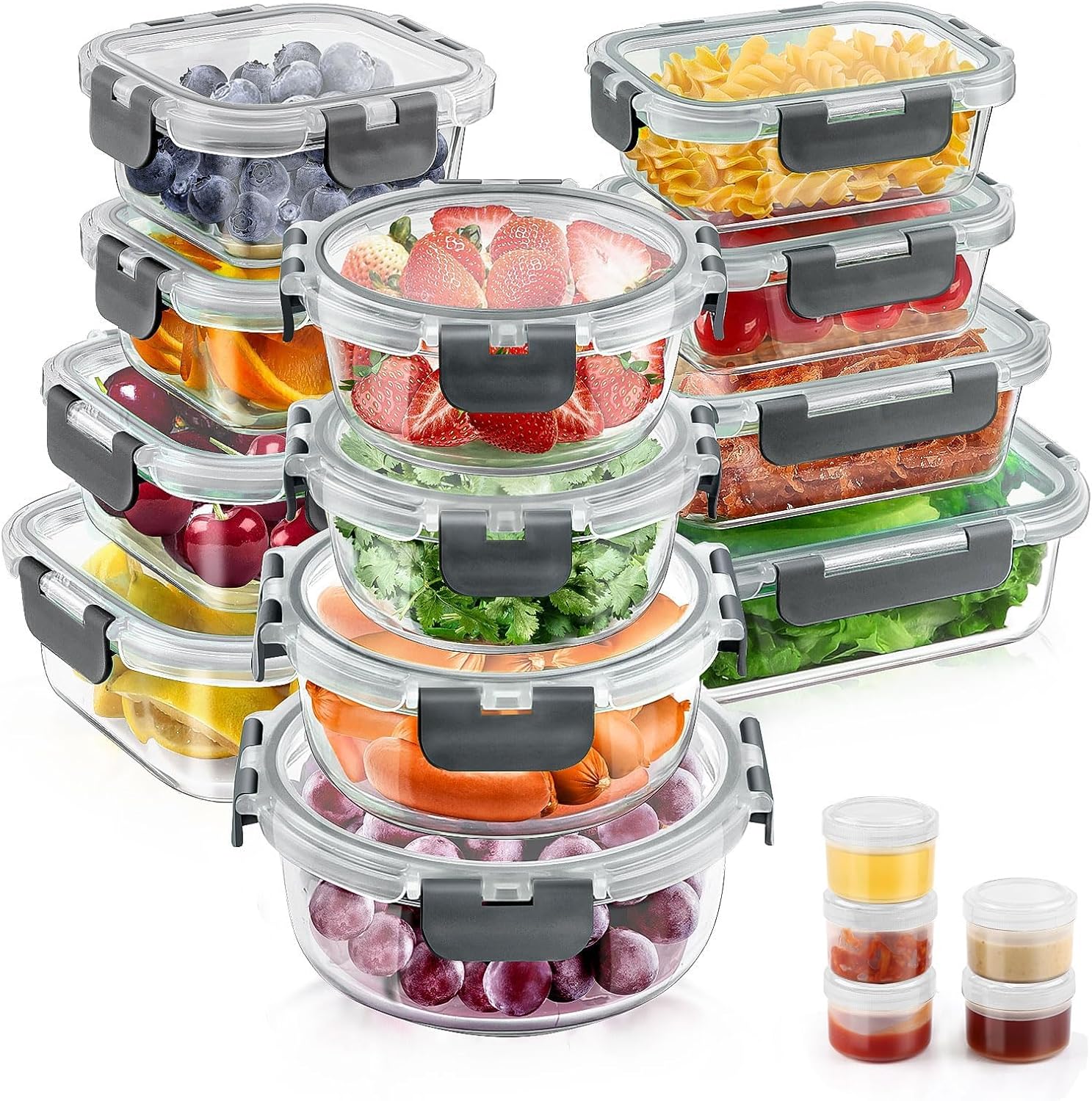 34pcs Glass Food Storage Containers with Lids Set, Airtight Glass Meal Prep Cont...