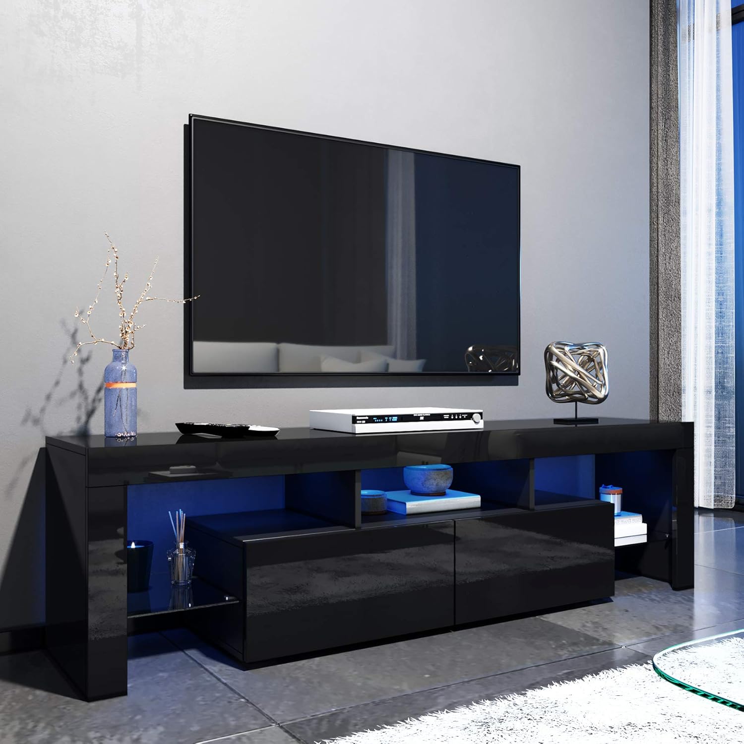 ELEGANT High Gloss TV Stand with LED Ambient Lights, Modern TV Stand with Open S...