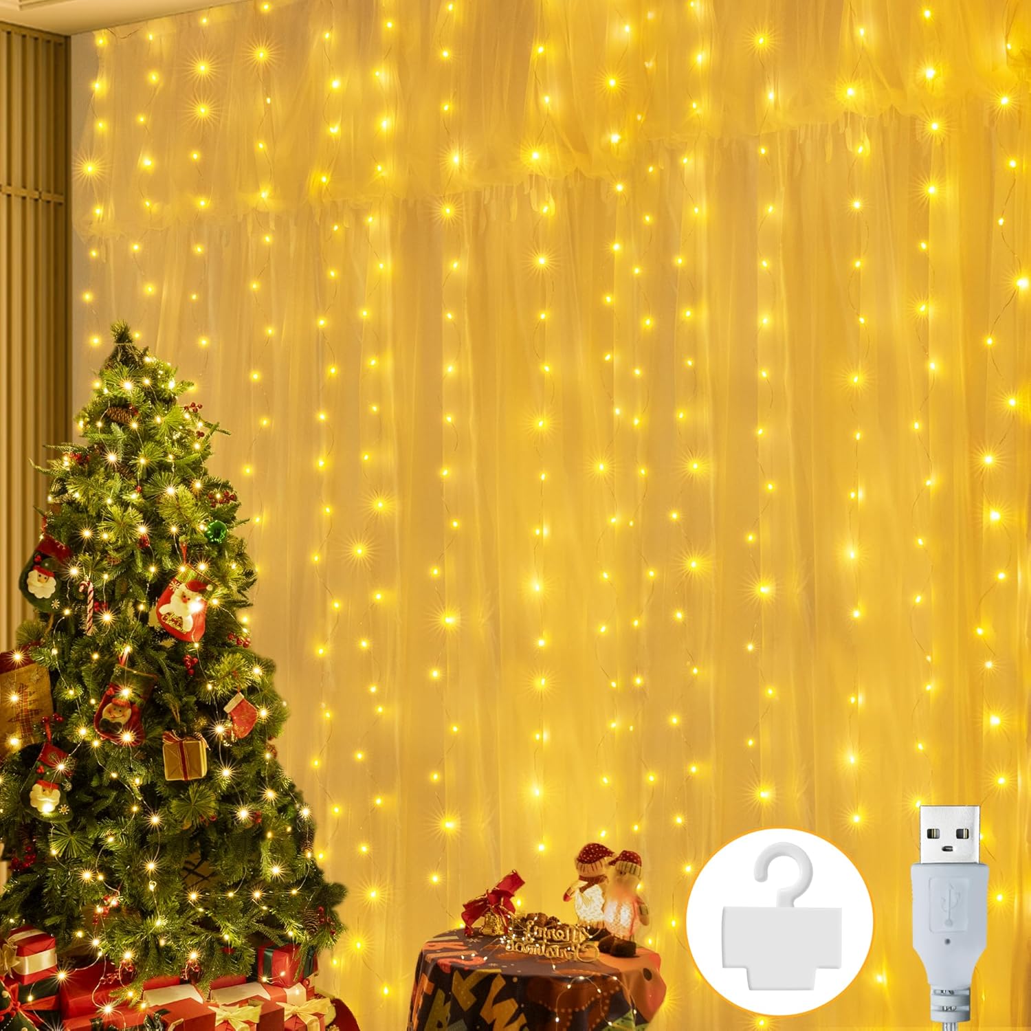 ZeMu Curtain Fairy Lights Indoor Outdoor, 3m×3m 300LED Waterfall String Lights w...