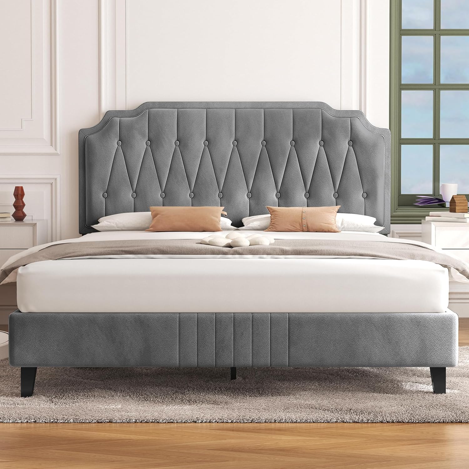 Yaheetech 4ft6 Double Bed Frame Upholstered Platform Bed with Adjustable Button...
