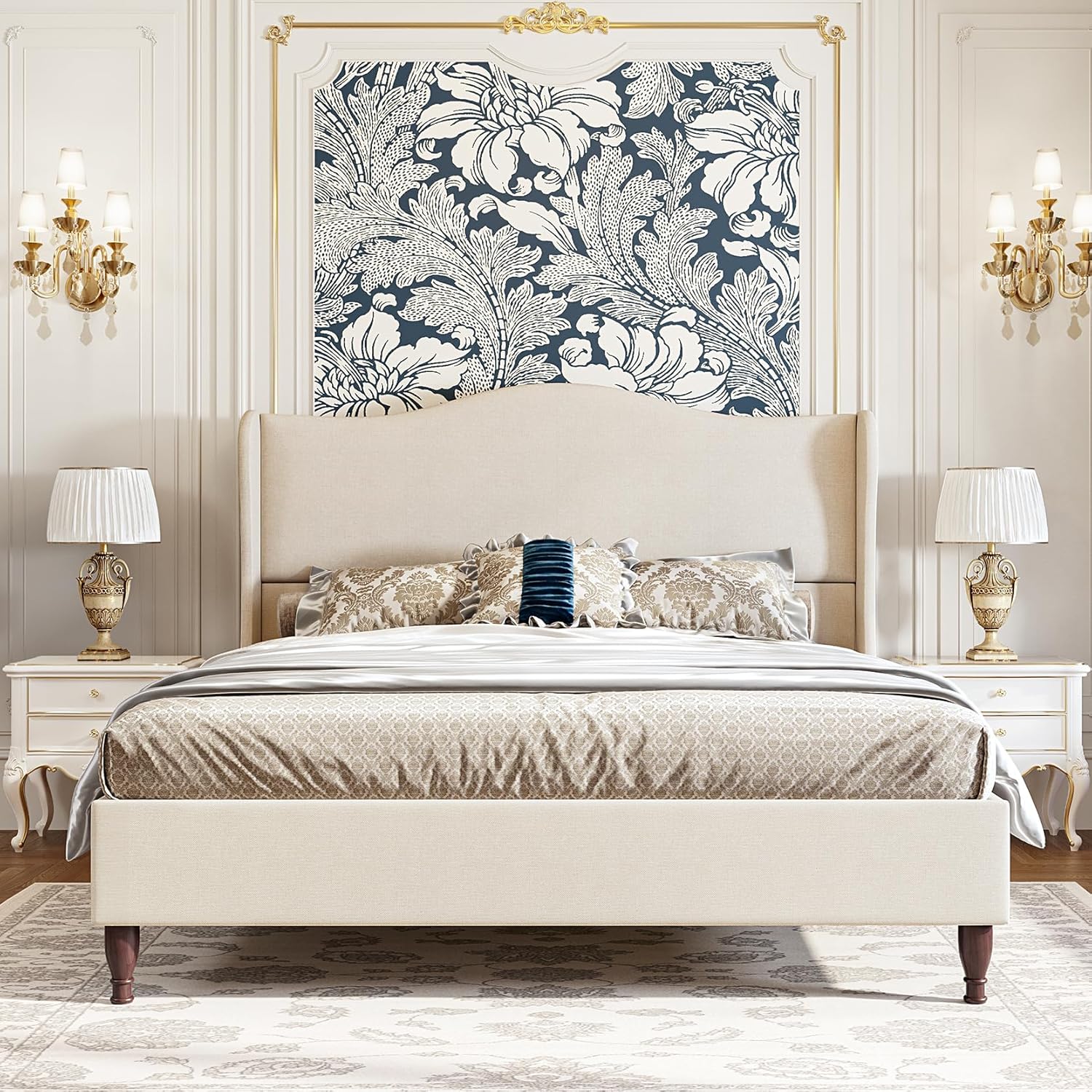 Queen Size Bed Frame Upholstered Platform Bed with 51" Tall Headboard Wingback,...
