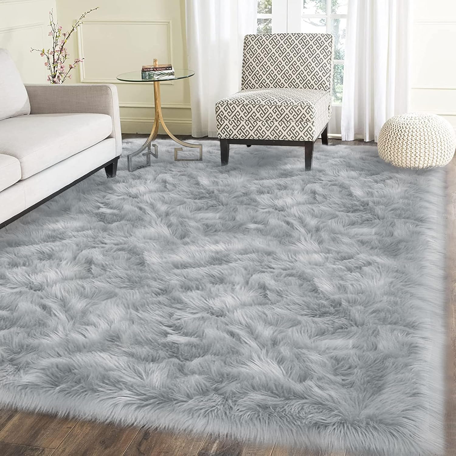 Latepis Grey Rugs for Living Room Shag Rug 6x8 Faux Fur Rug Sheepskin Rug for So...