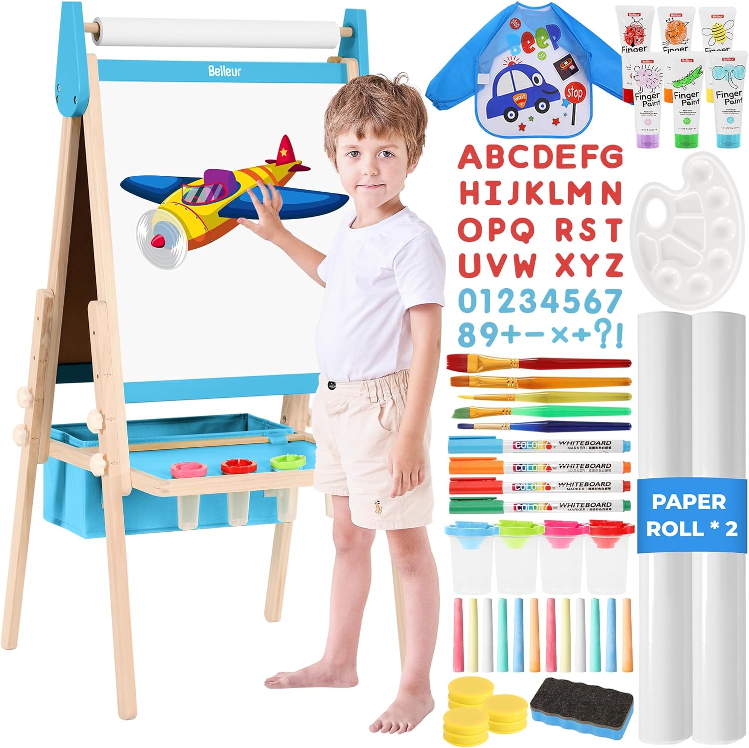 All-in-One Art Easel for Kids with 2 Paper Rolls & Deluxe Accessories, Adjustabl...