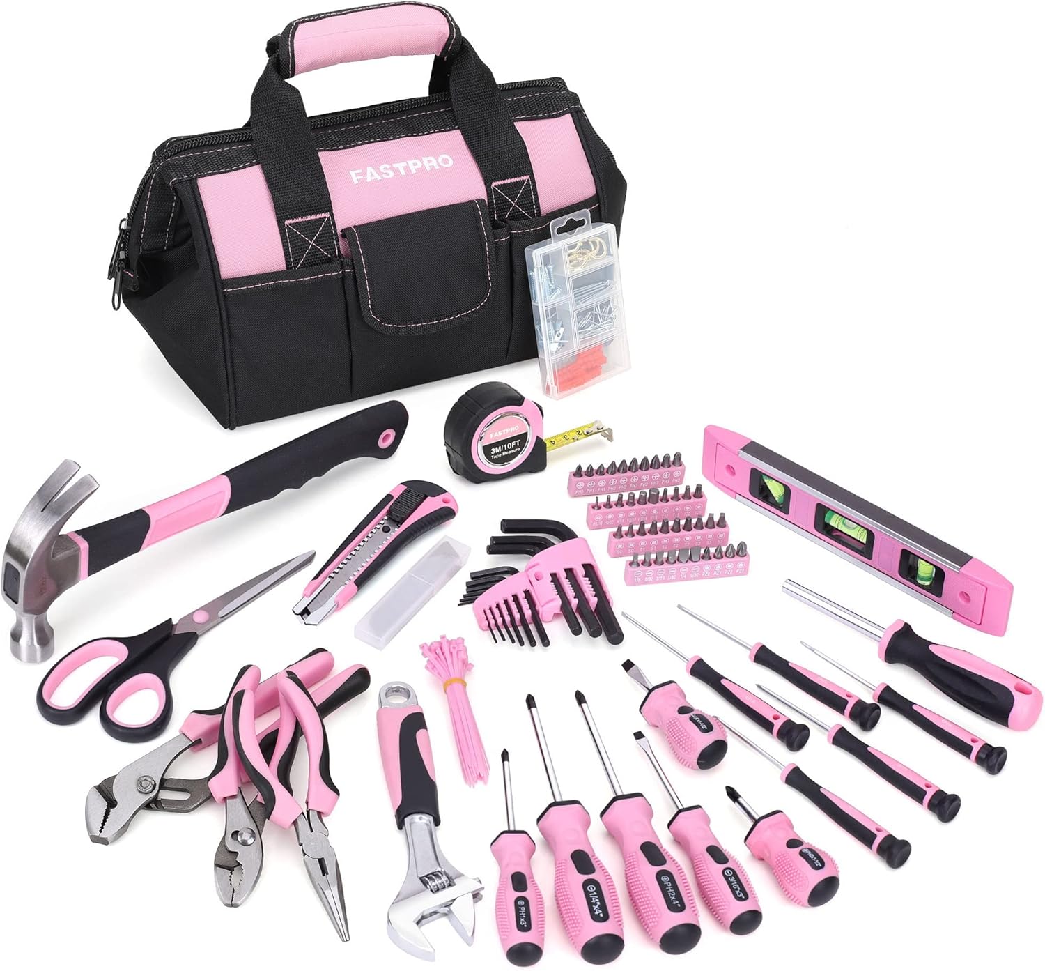 FASTPRO Pink Tool Set, 220-Piece Lady's Home Repairing Tool Kit with 12-Inch Wid...