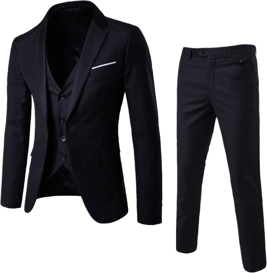 WULFUL Men’s Slim Fit Suit One Button 3-Piece Blazer Dress Business Wedding Part...
