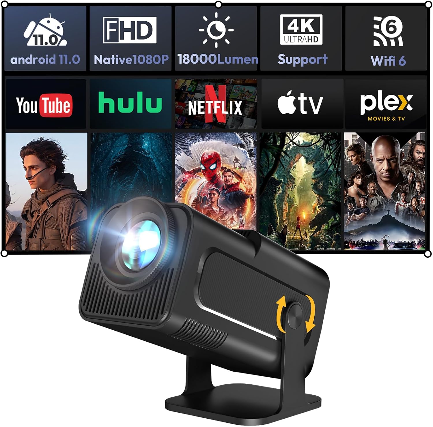 Smart Mini Projector XGODY Gimbal5 Android 11 Full HD Projector 18000 Lumen Nati...