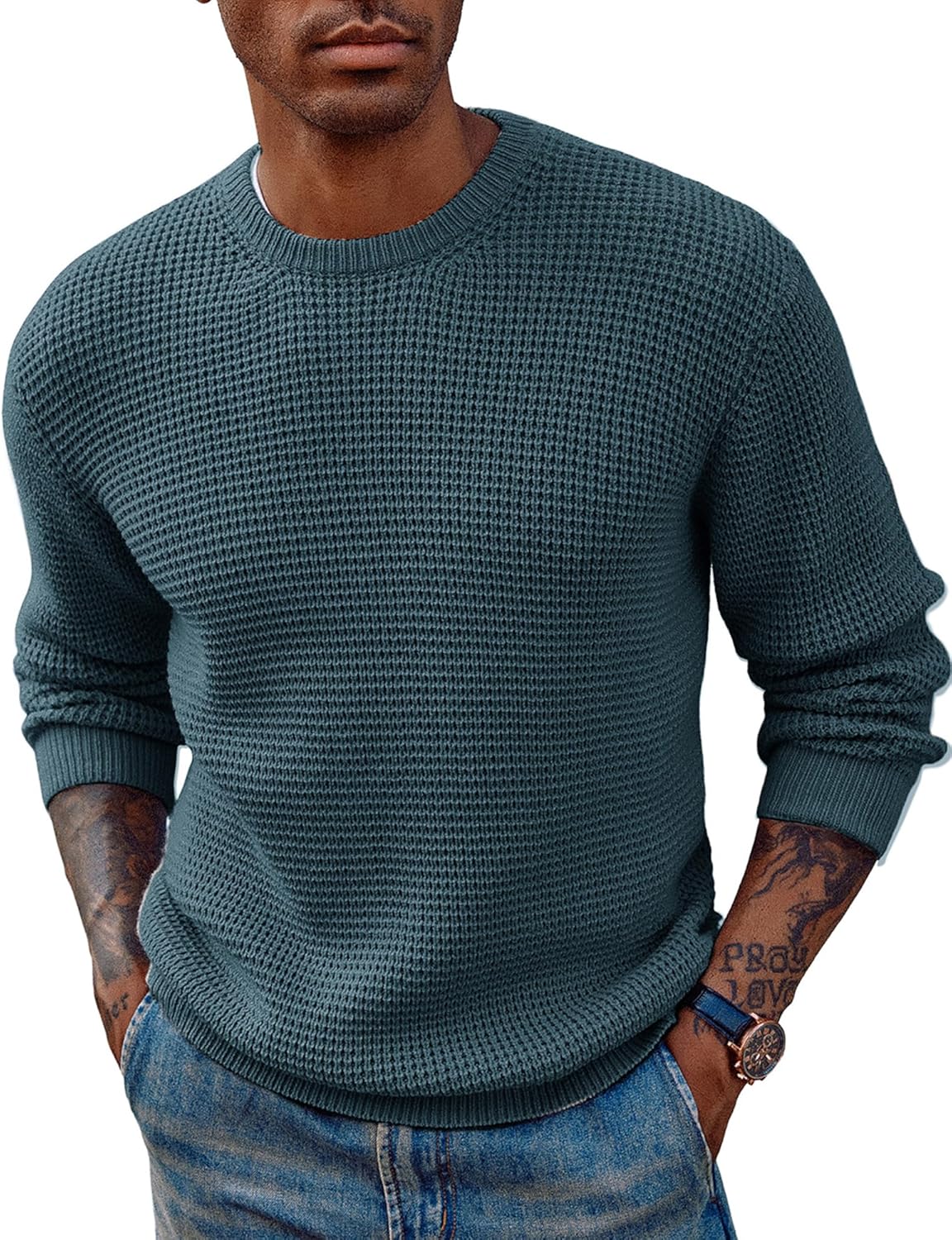 PJ PAUL JONES Mens Crewneck Pullover Sweater Waffle Textured Long Sleeve Knitted...
