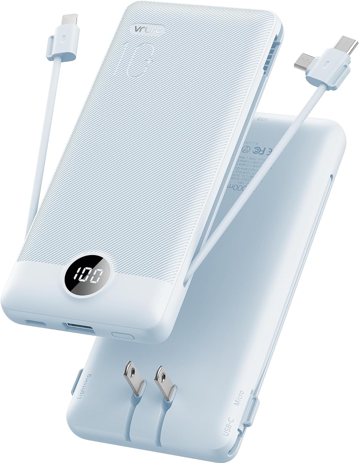VRURC Portable Charger Built-in Cables and AC Wall Plug, USB C Power Bank 10000m...