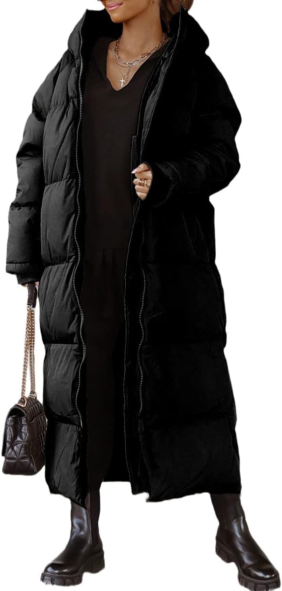 Shanfetl Women Long Quilted Coat Hooded Maxi Length Long Sleeve Puffer Jacket Pa...